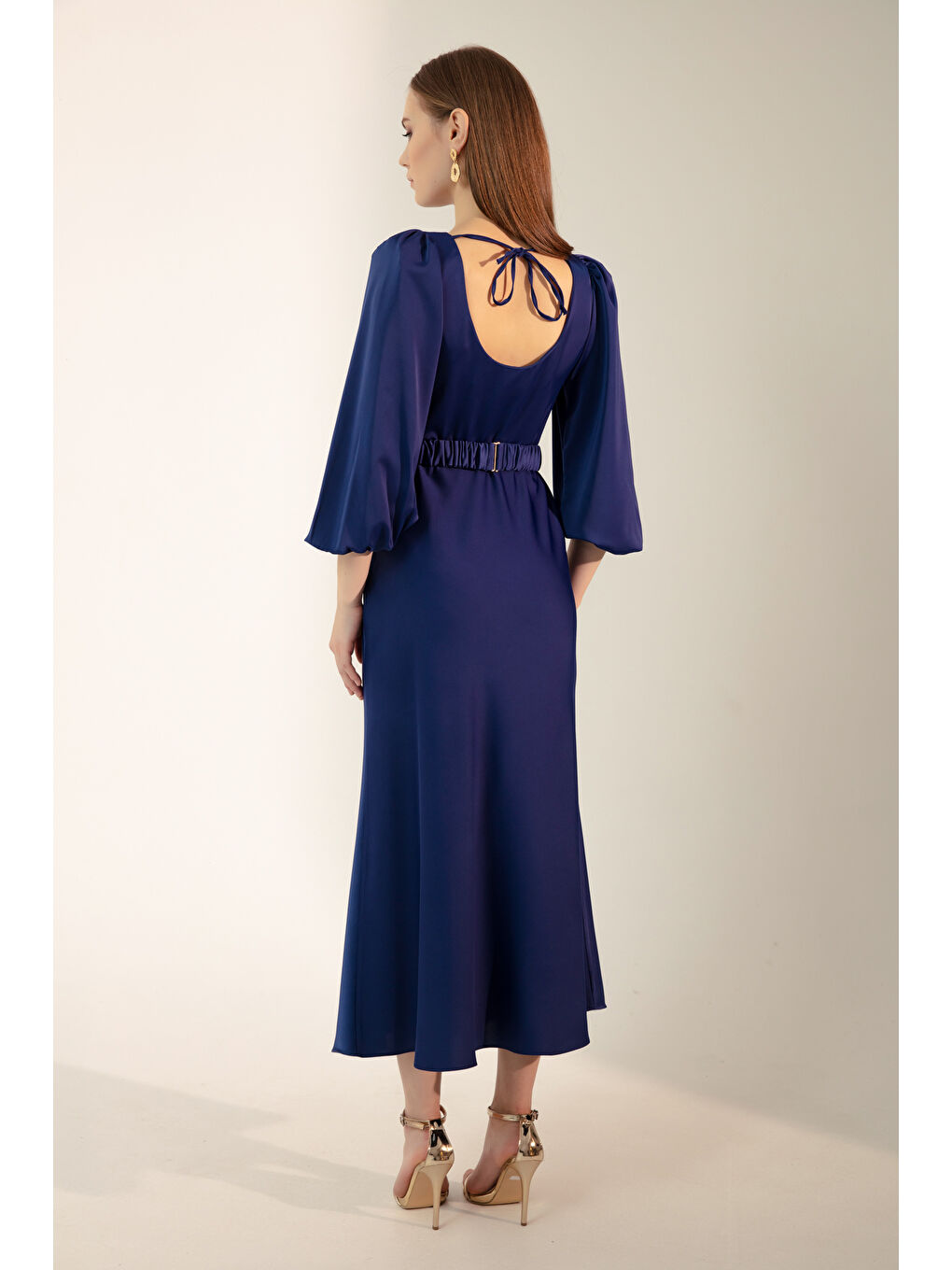 Mavi Kadın Saks Uzun Balon Kollu Nişan Elbisesi-4