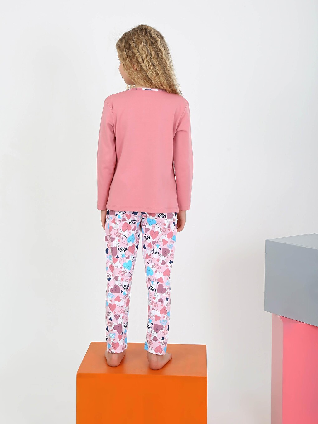 Pembe Kız Çocuk Uzun Kollu %100 Pamuklu Düğme Detaylı Pijama Takımı Love Me-1