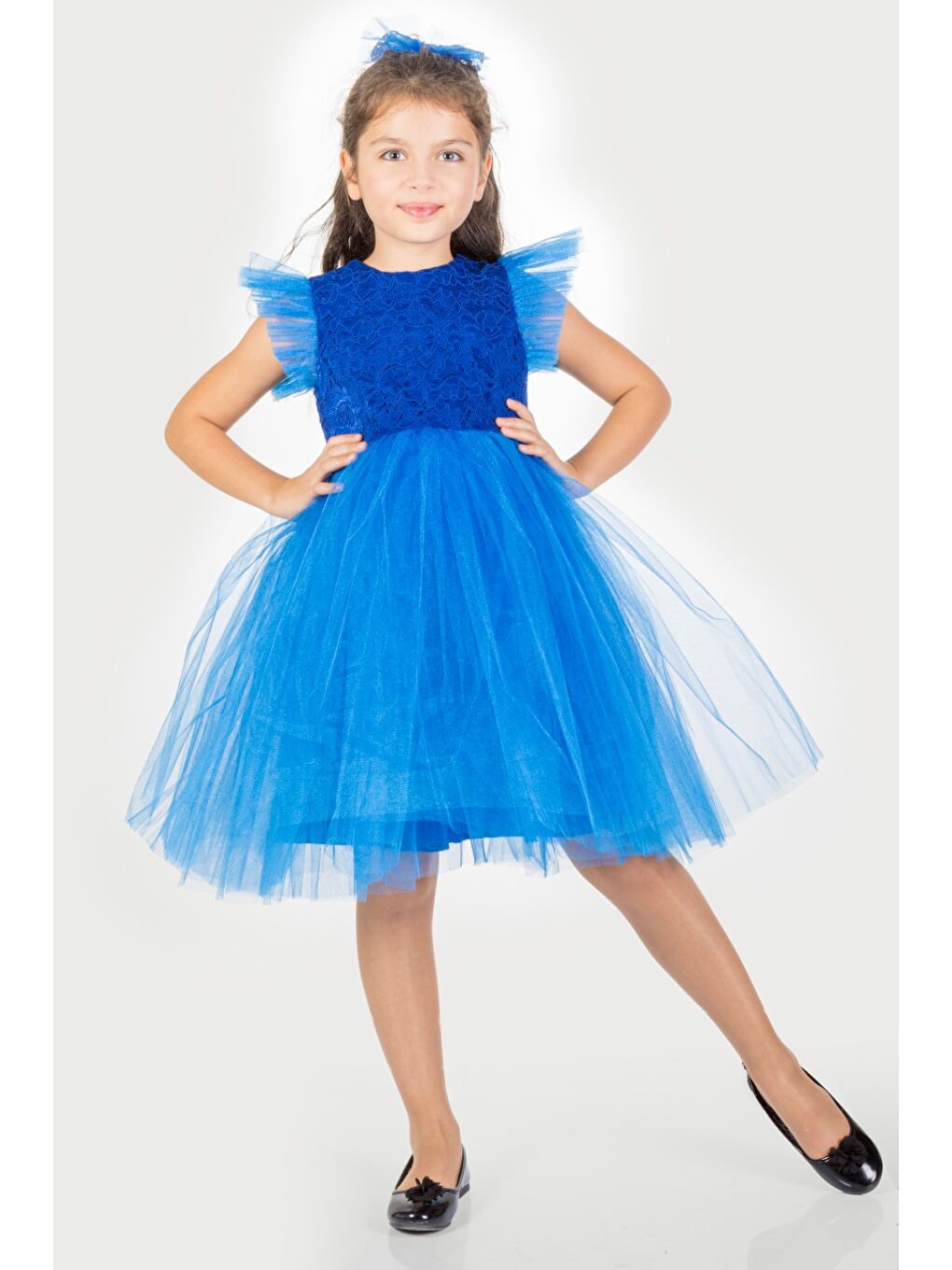 Mavi Roza Dantel Tütü Kız Çocuk Abiye Elbise MNK0546-1