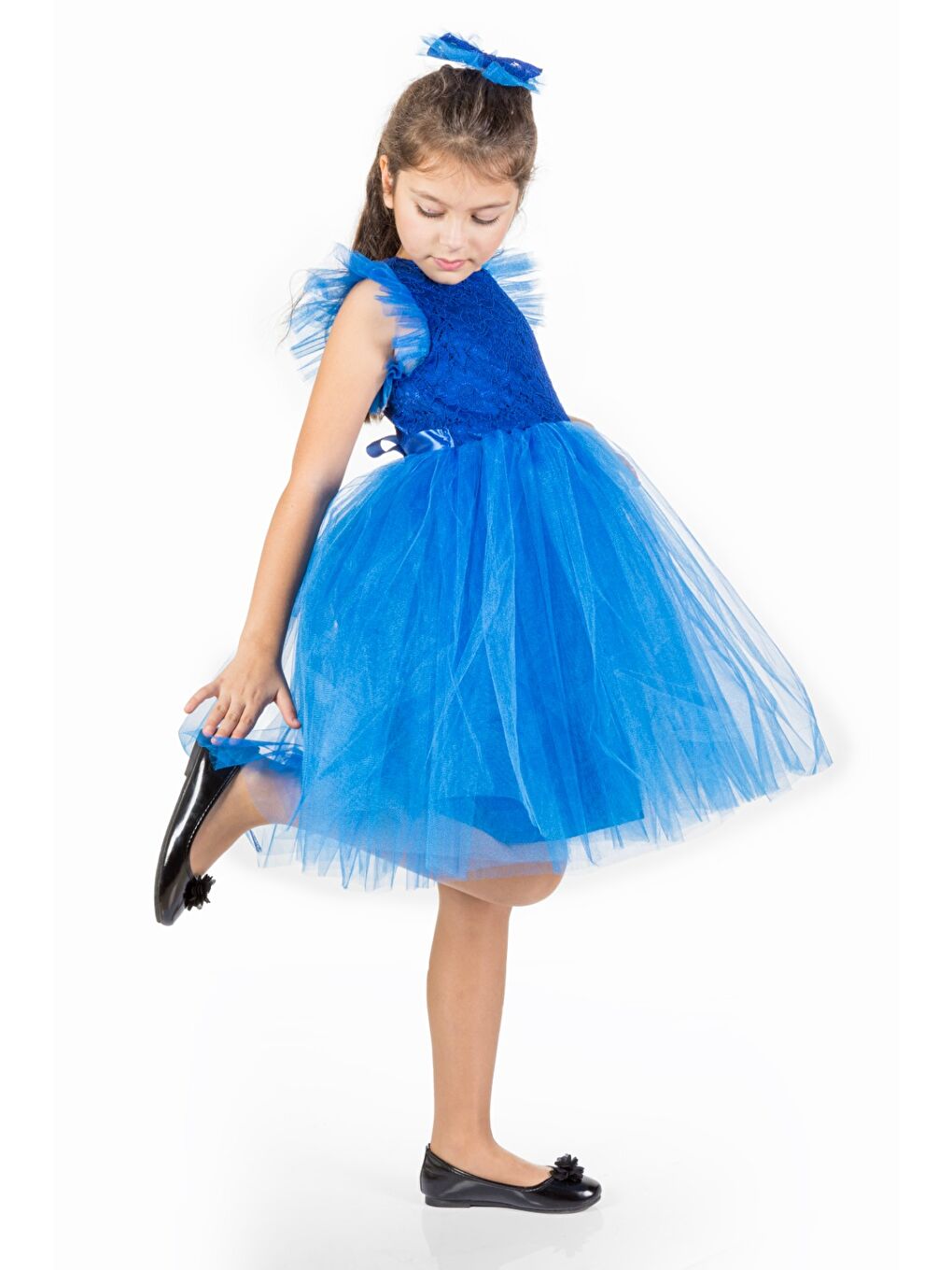 Mavi Roza Dantel Tütü Kız Çocuk Abiye Elbise MNK0546-3