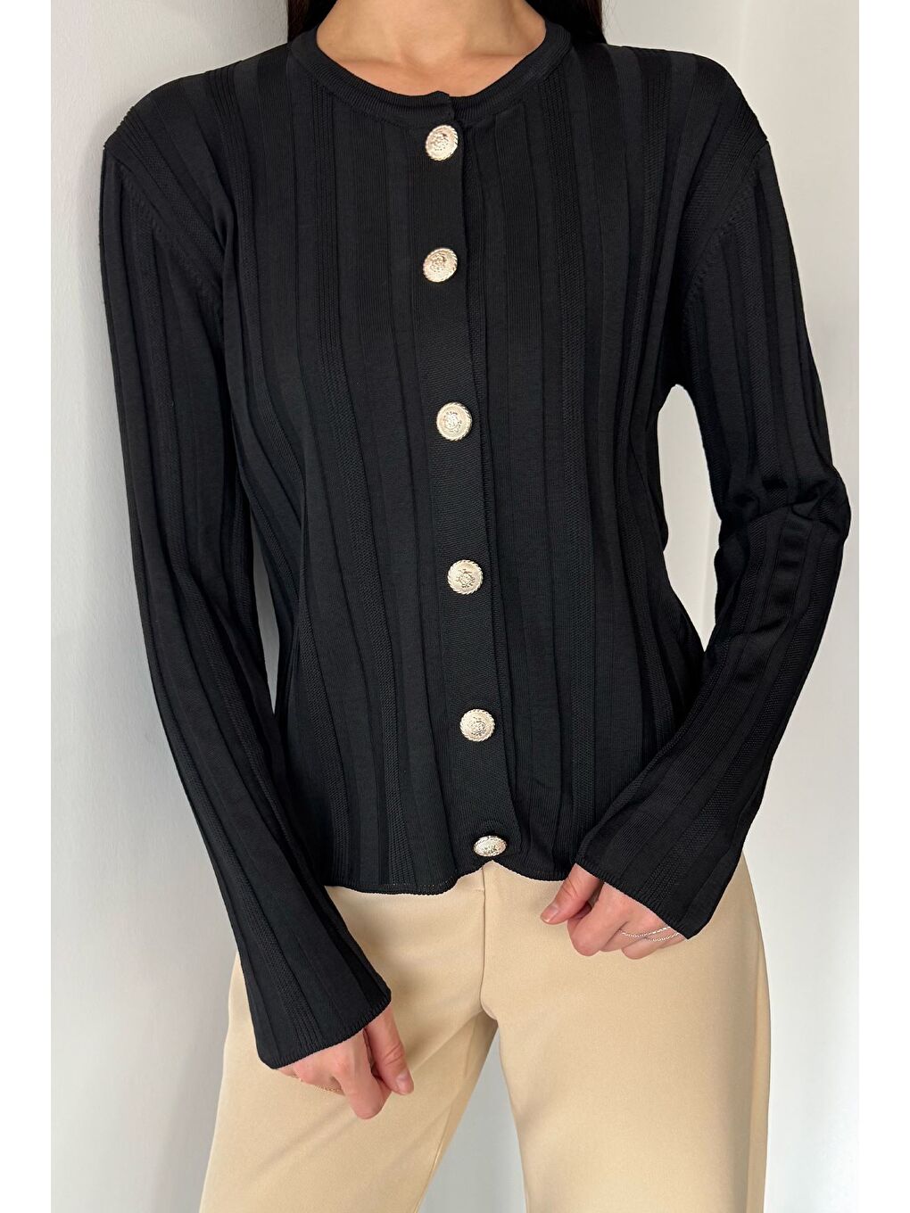Siyah Kadın Düğme Detaylı Triko Hırka (m-l-xl Uyumludur)-2