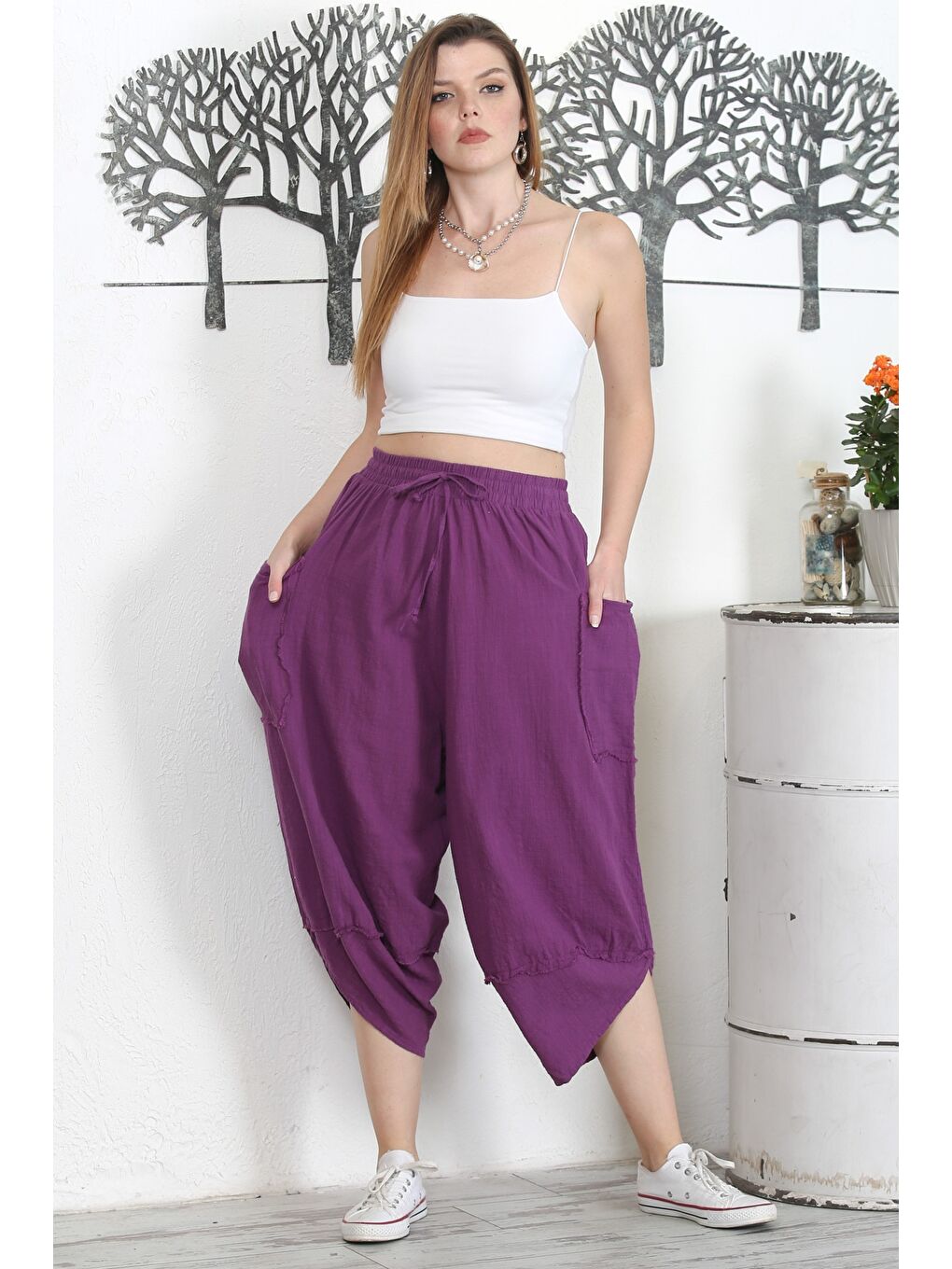 İtalyan Mor Çift Cepli Yıkamalı Lastikli Bel Şalvar Paça Casual Dokuma Pantolon