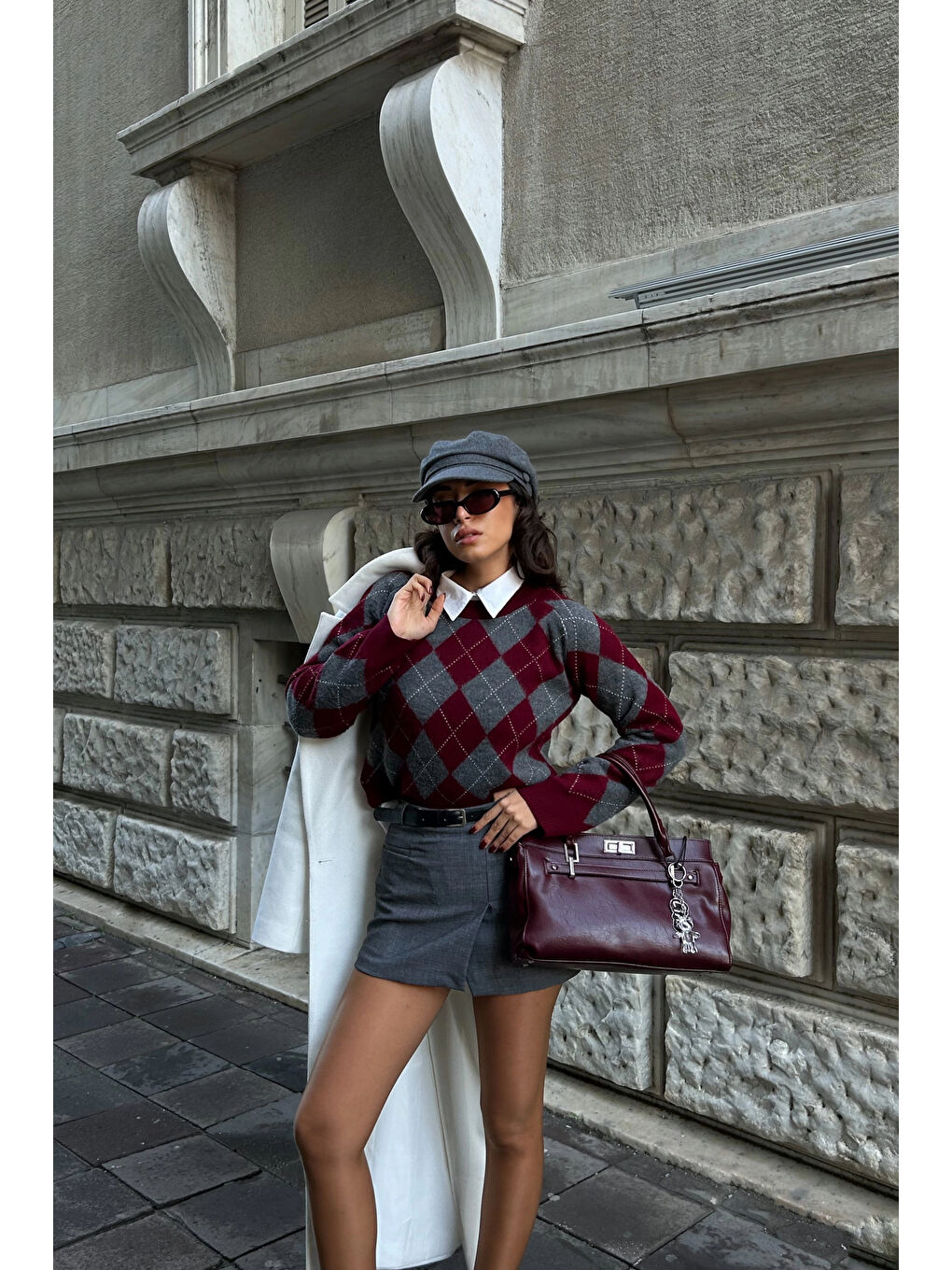 Kadın Bordo Baklava Desen Kazak 1014-5219