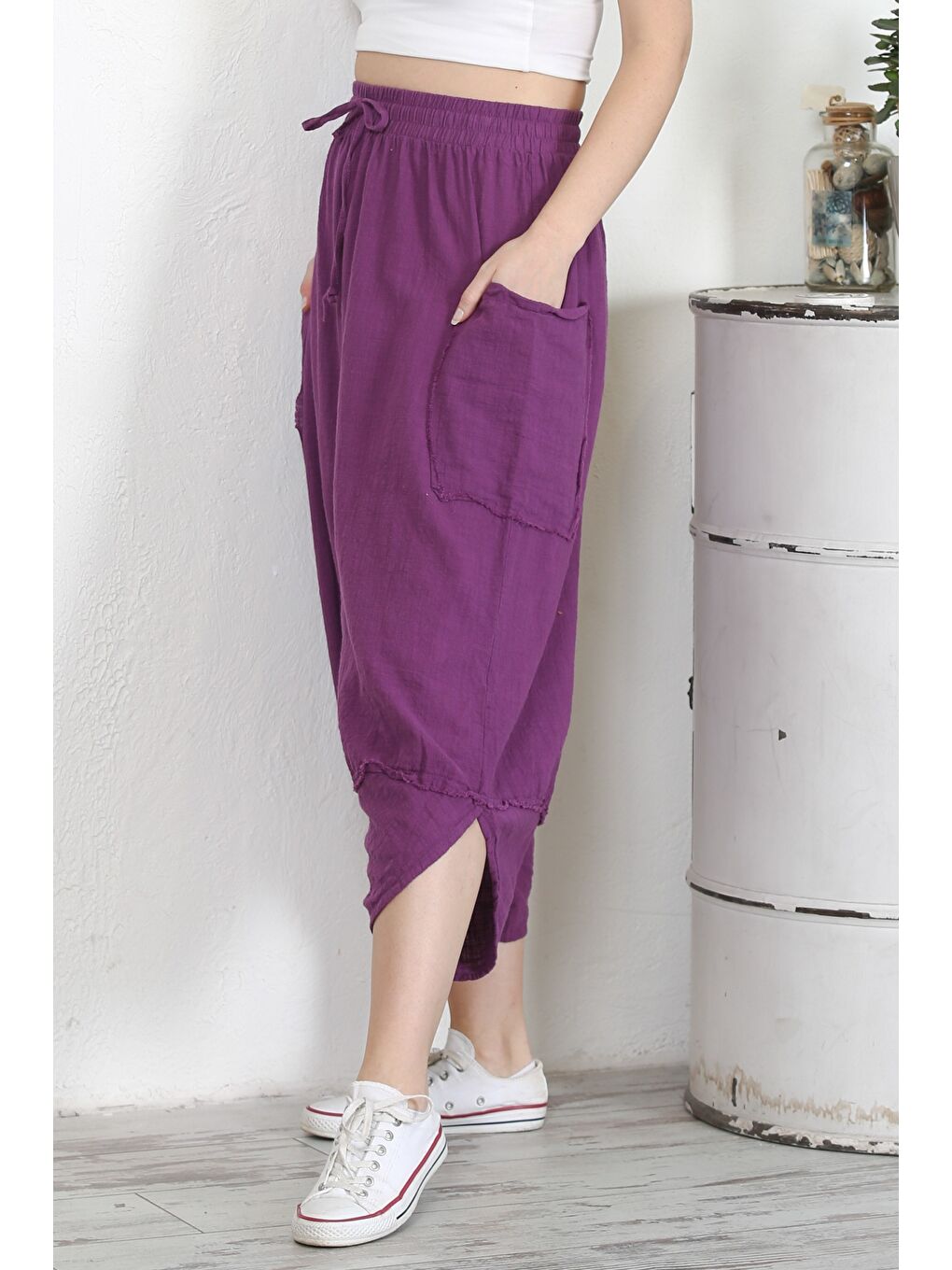 İtalyan Mor Çift Cepli Yıkamalı Lastikli Bel Şalvar Paça Casual Dokuma Pantolon-1