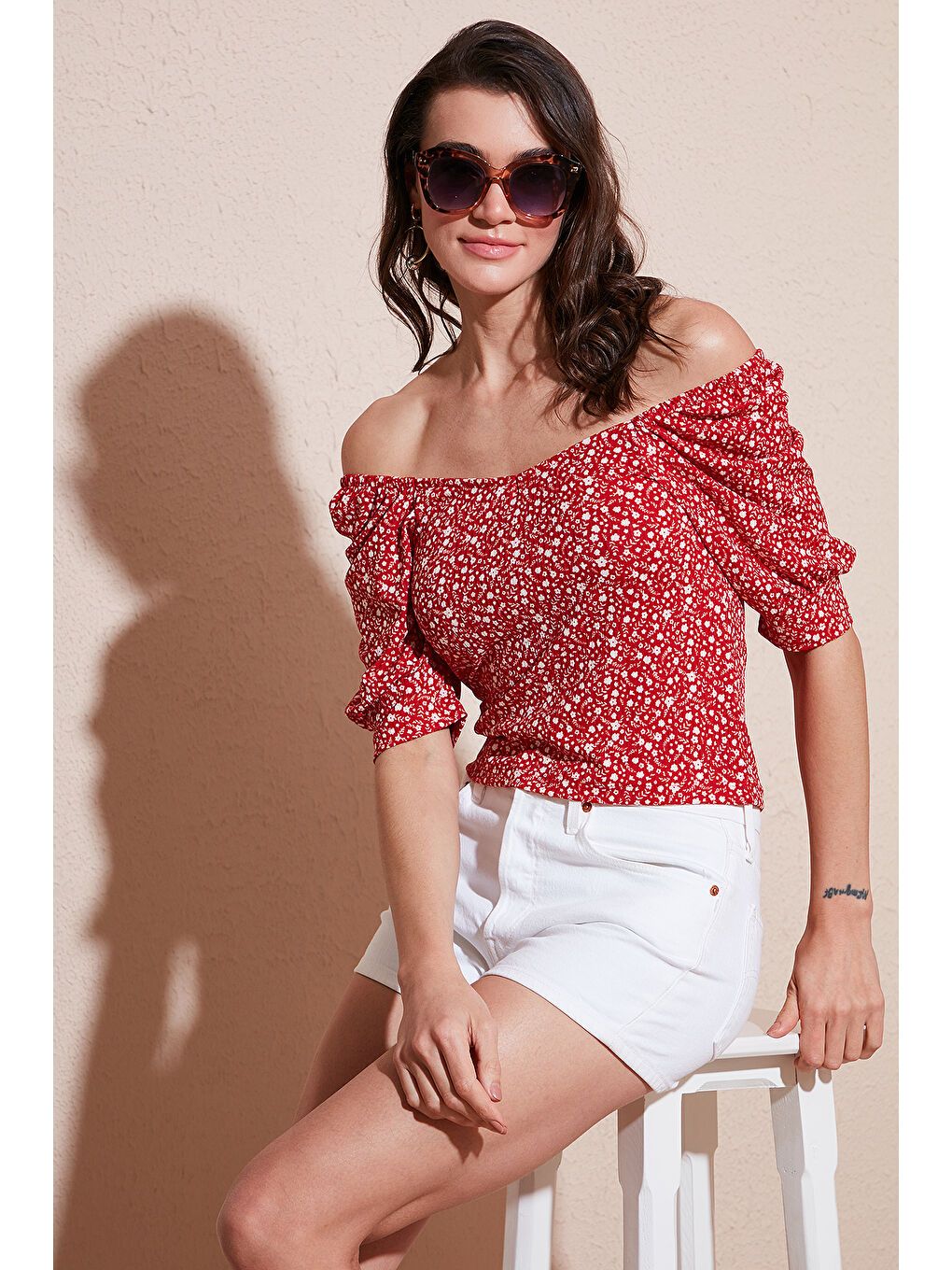 Kırmızı Truvakar Kol Geniş Yaka Bluz 5869001-4