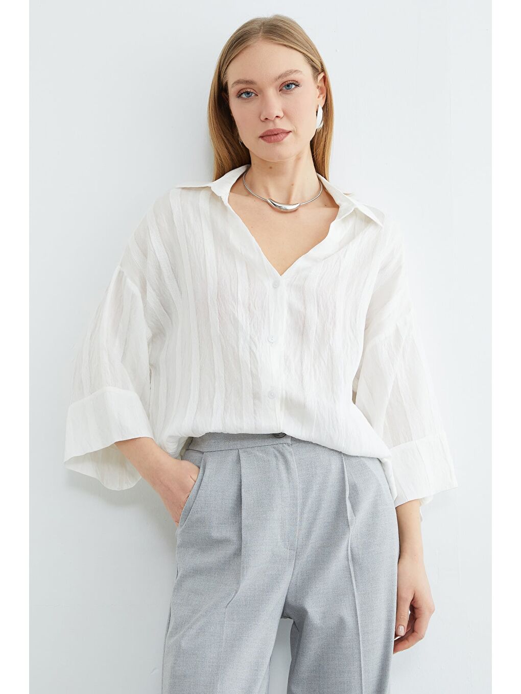 Beyaz Çizgili Kapri Kol Salaş Gömlek