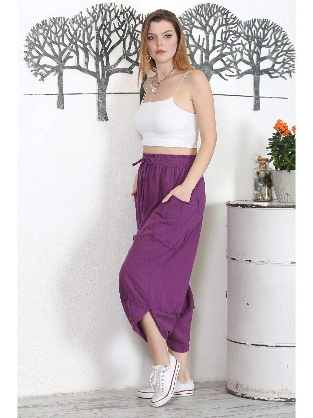 İtalyan Mor Çift Cepli Yıkamalı Lastikli Bel Şalvar Paça Casual Dokuma Pantolon-2