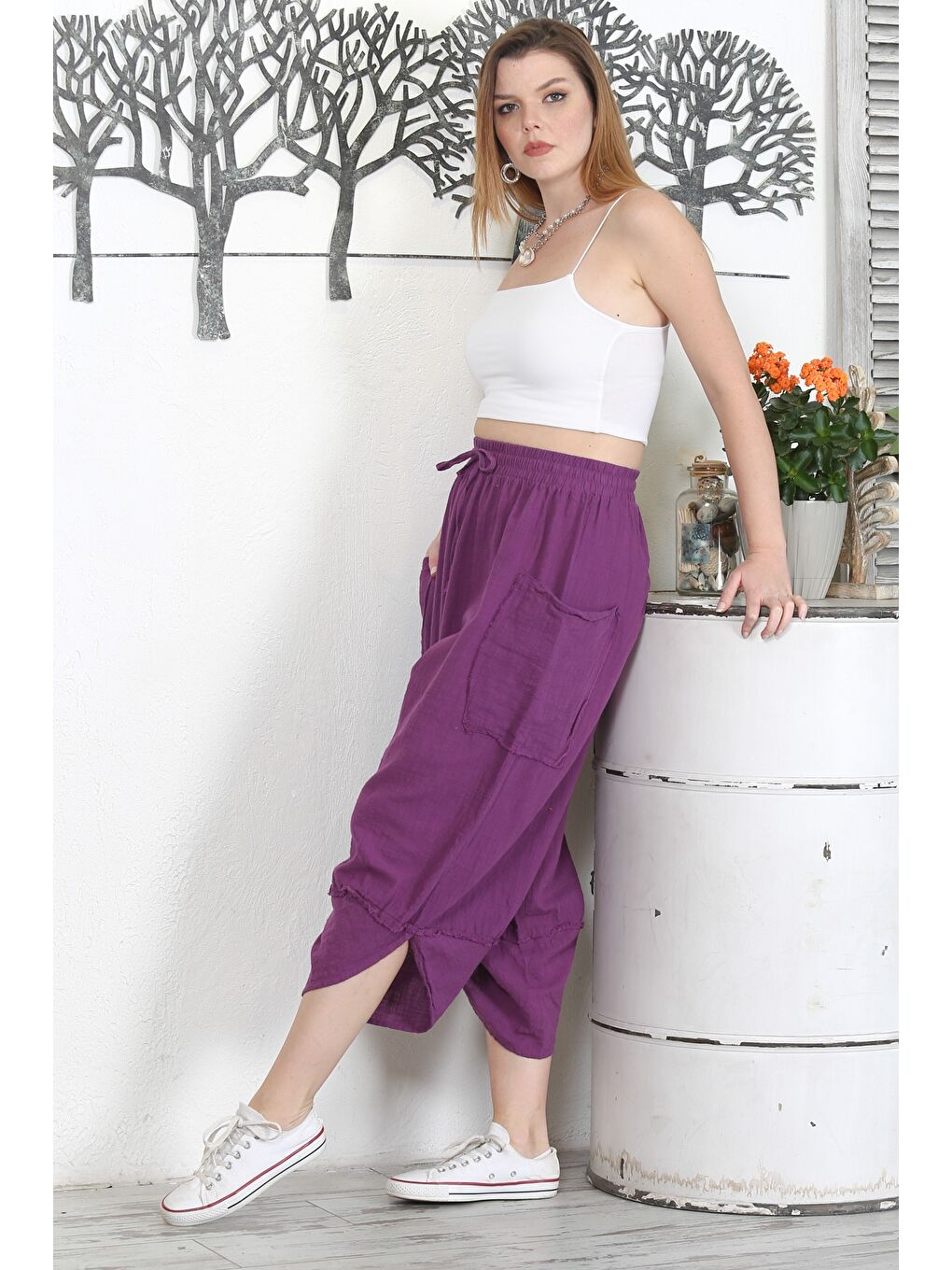 İtalyan Mor Çift Cepli Yıkamalı Lastikli Bel Şalvar Paça Casual Dokuma Pantolon-3