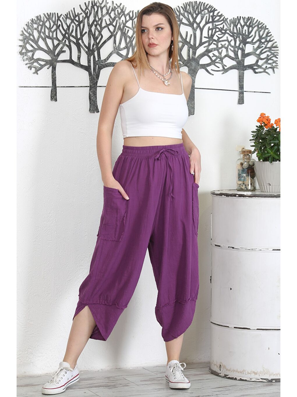 İtalyan Mor Çift Cepli Yıkamalı Lastikli Bel Şalvar Paça Casual Dokuma Pantolon-4