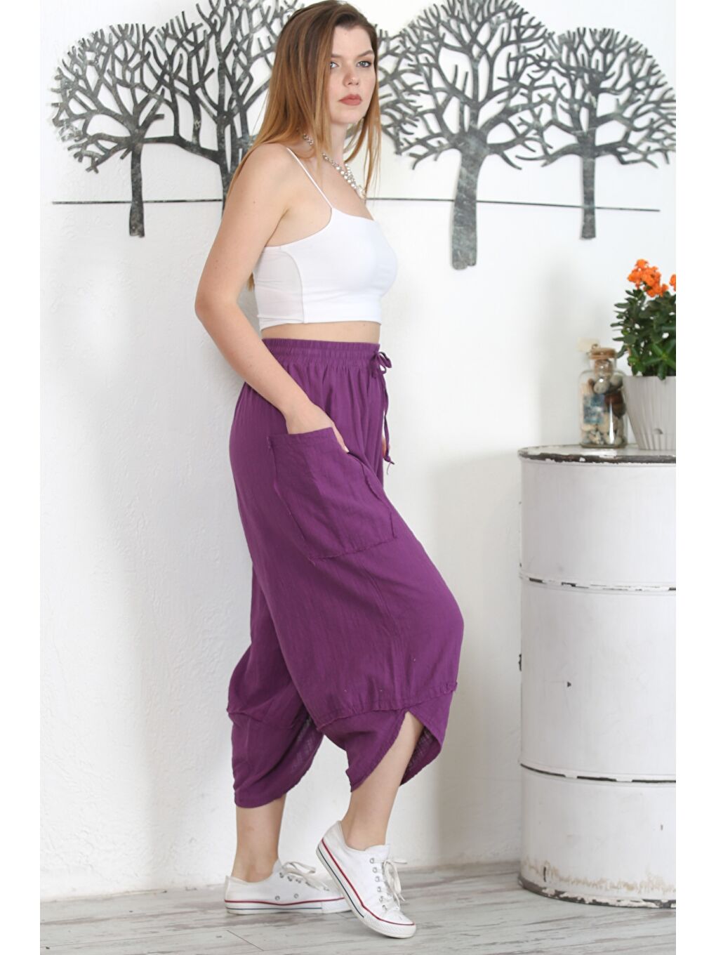 İtalyan Mor Çift Cepli Yıkamalı Lastikli Bel Şalvar Paça Casual Dokuma Pantolon-5