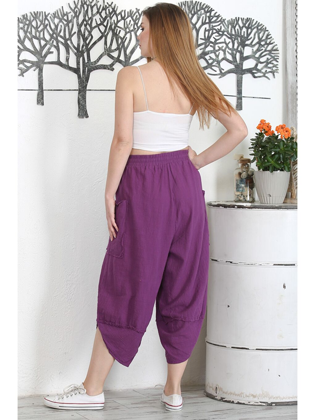 İtalyan Mor Çift Cepli Yıkamalı Lastikli Bel Şalvar Paça Casual Dokuma Pantolon-6