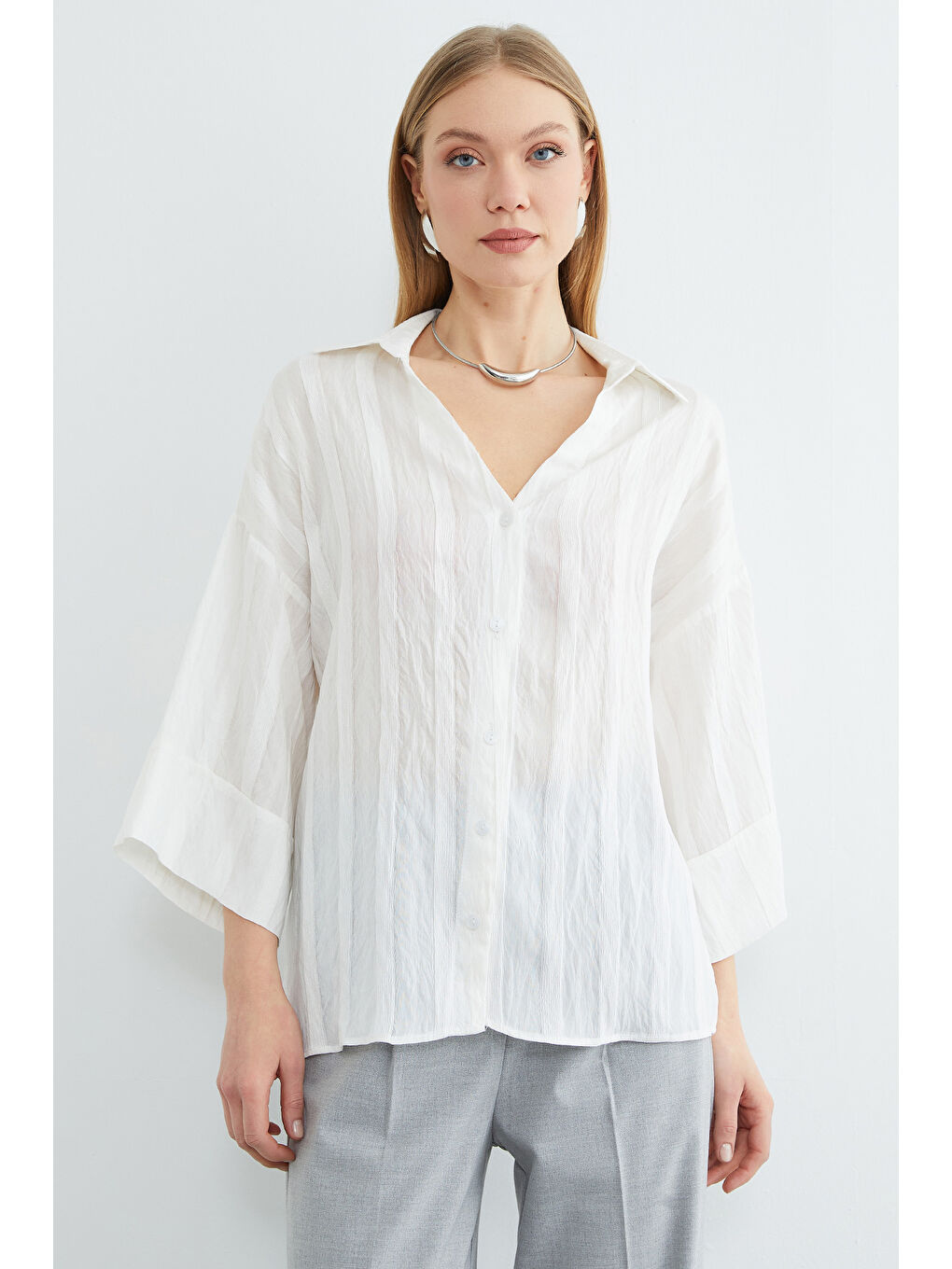 Beyaz Çizgili Kapri Kol Salaş Gömlek-2