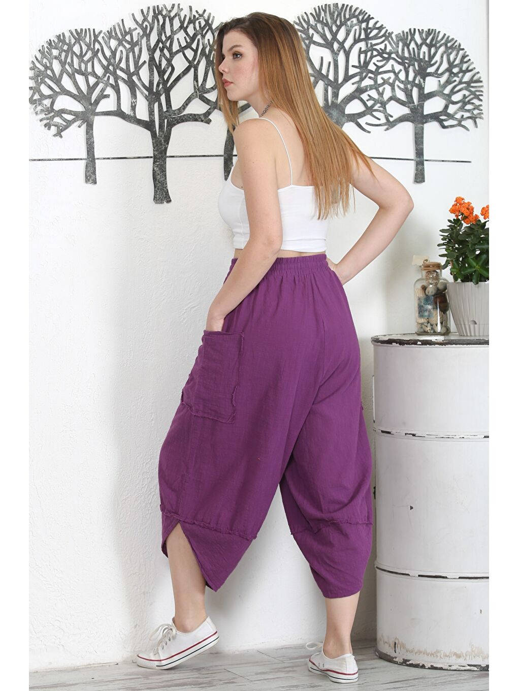 İtalyan Mor Çift Cepli Yıkamalı Lastikli Bel Şalvar Paça Casual Dokuma Pantolon-7