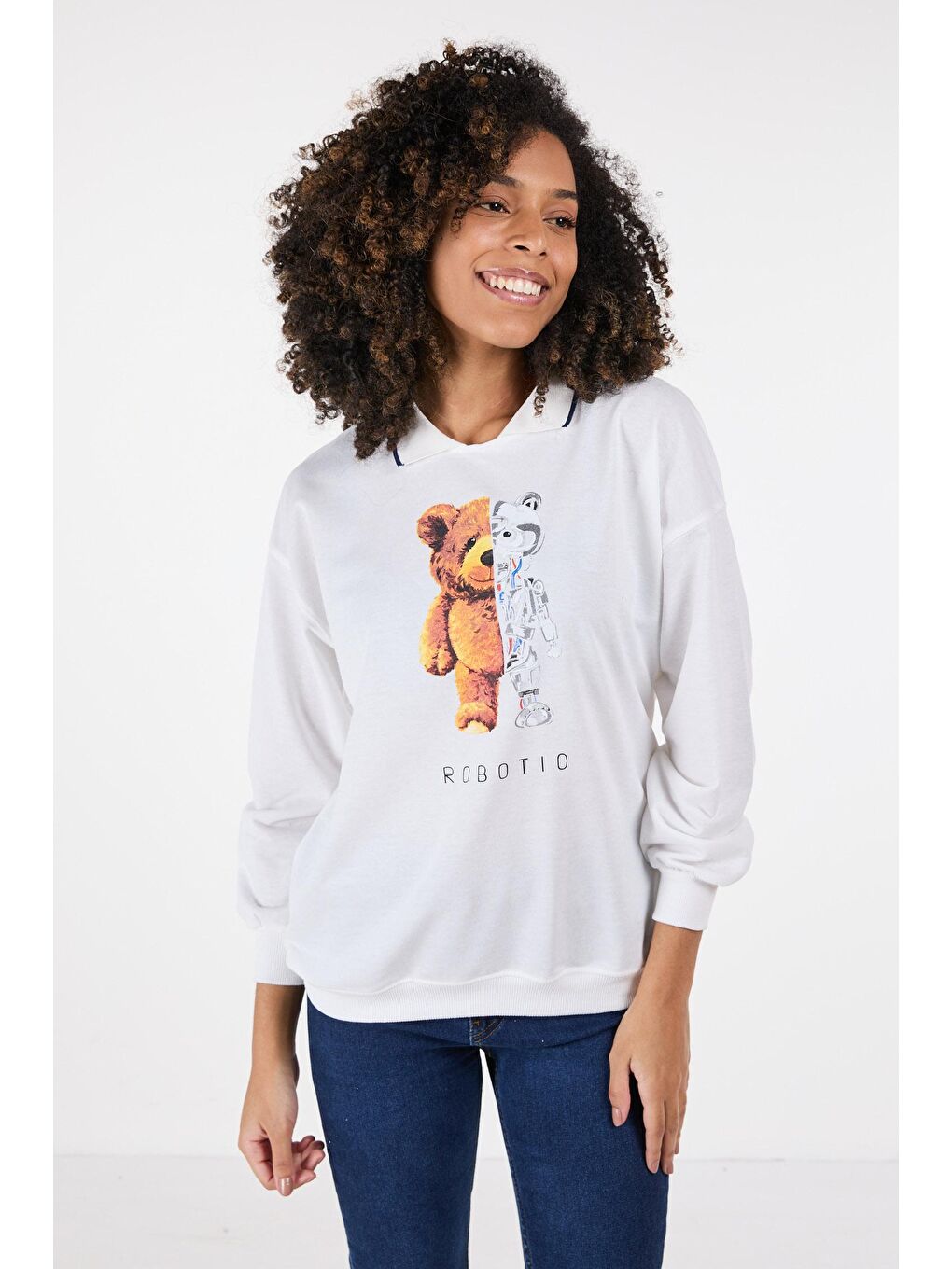 Gömlek Yaka Kadın Beyaz Sweat - 23417-4