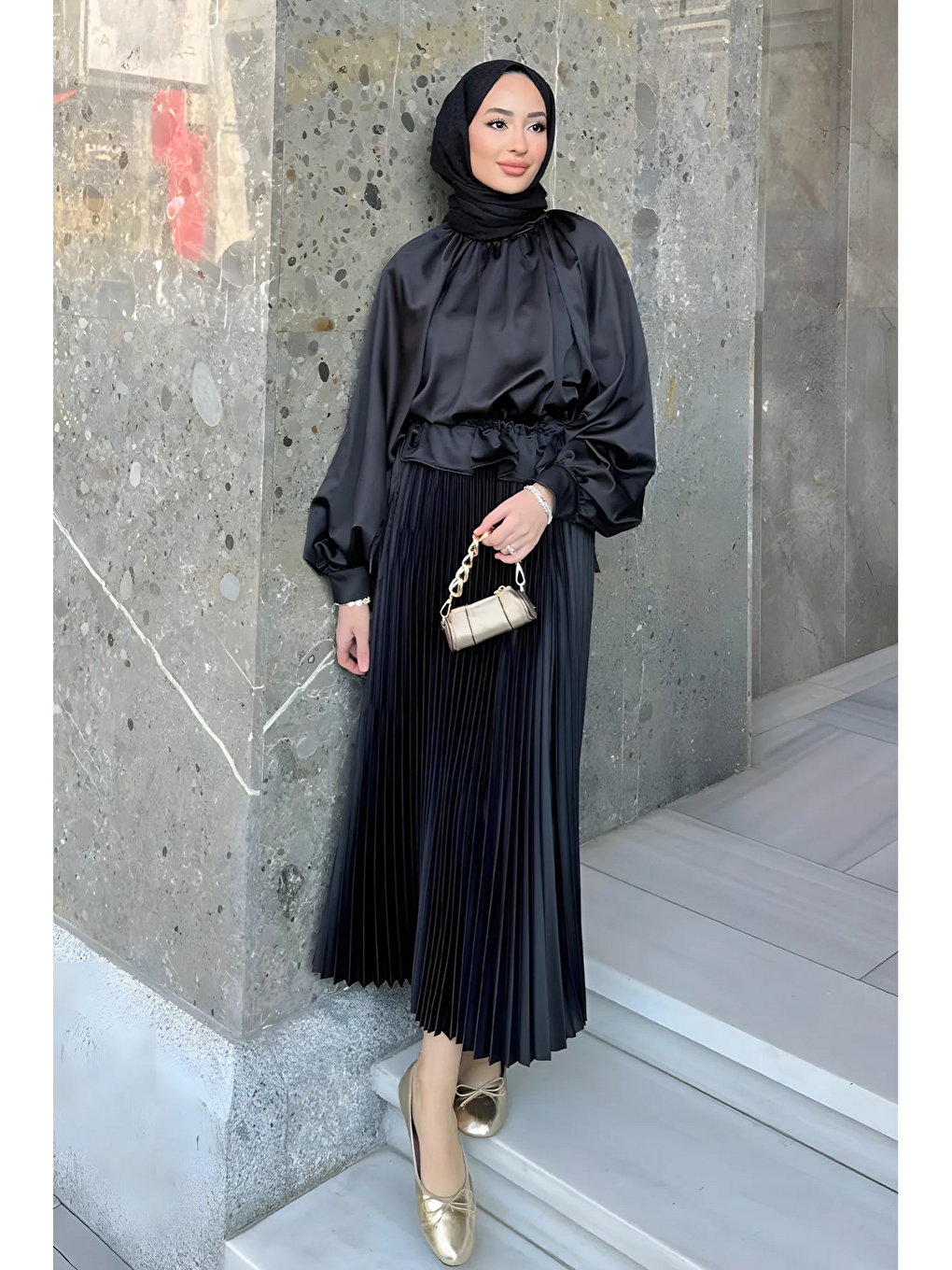 Siyah Kadın 3 Lü Paket Basic Pilise Bol Lastikli Uzun Etek-3