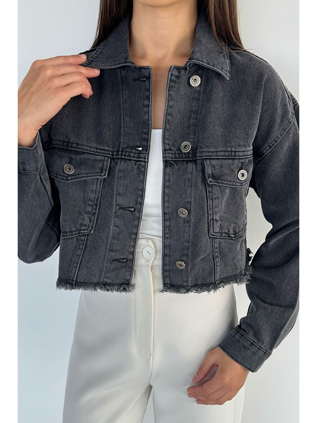 Antrasit Kadın Çift Cepli Sırt Baskı Detaylı Jean Jean Ceket-1