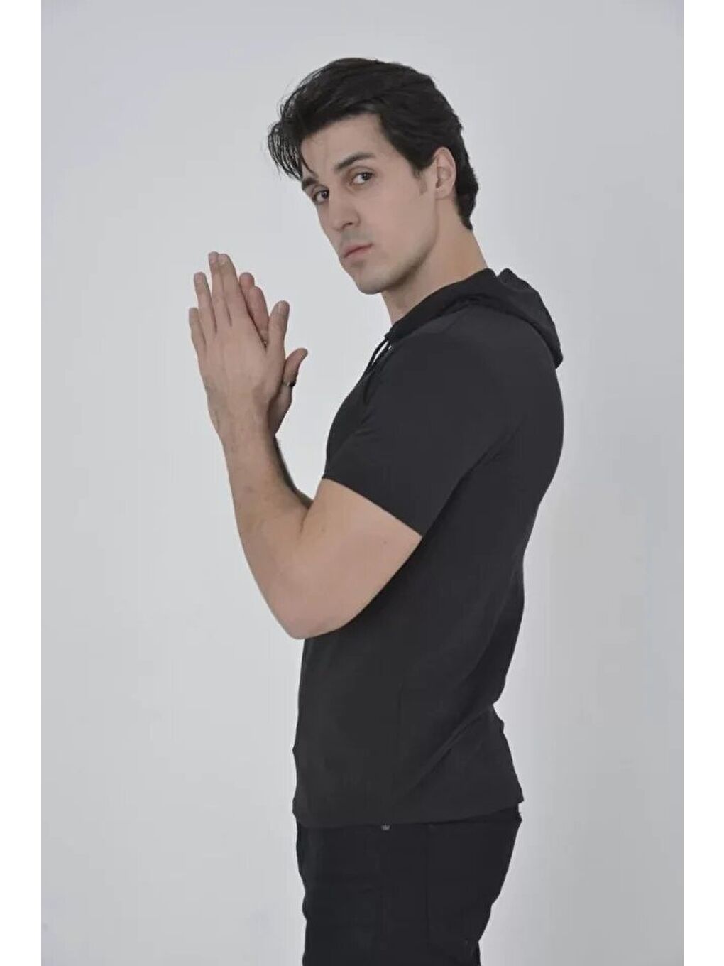 Erkek Kapüşonlu Slim Fit T-shirt - Siyah-1