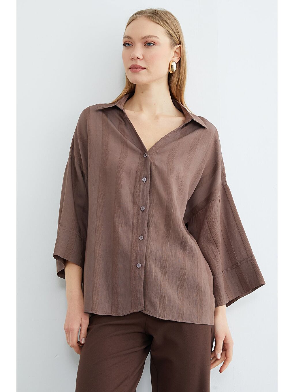 Kahverengi Çizgili Kapri Kol Salaş Gömlek-3