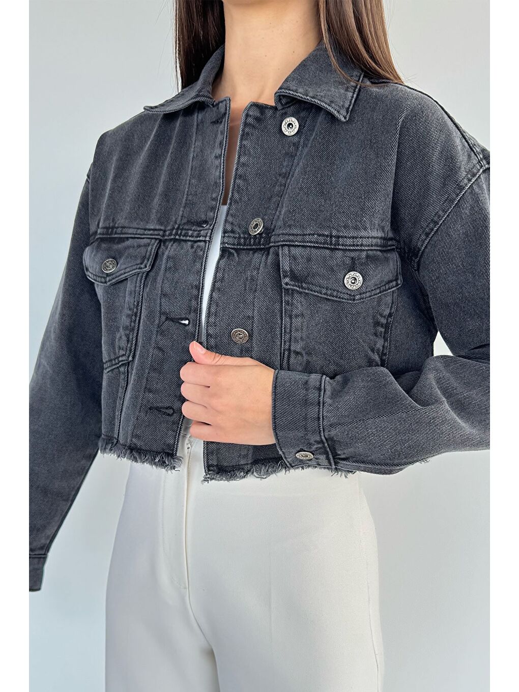 Antrasit Kadın Çift Cepli Sırt Baskı Detaylı Jean Jean Ceket-2