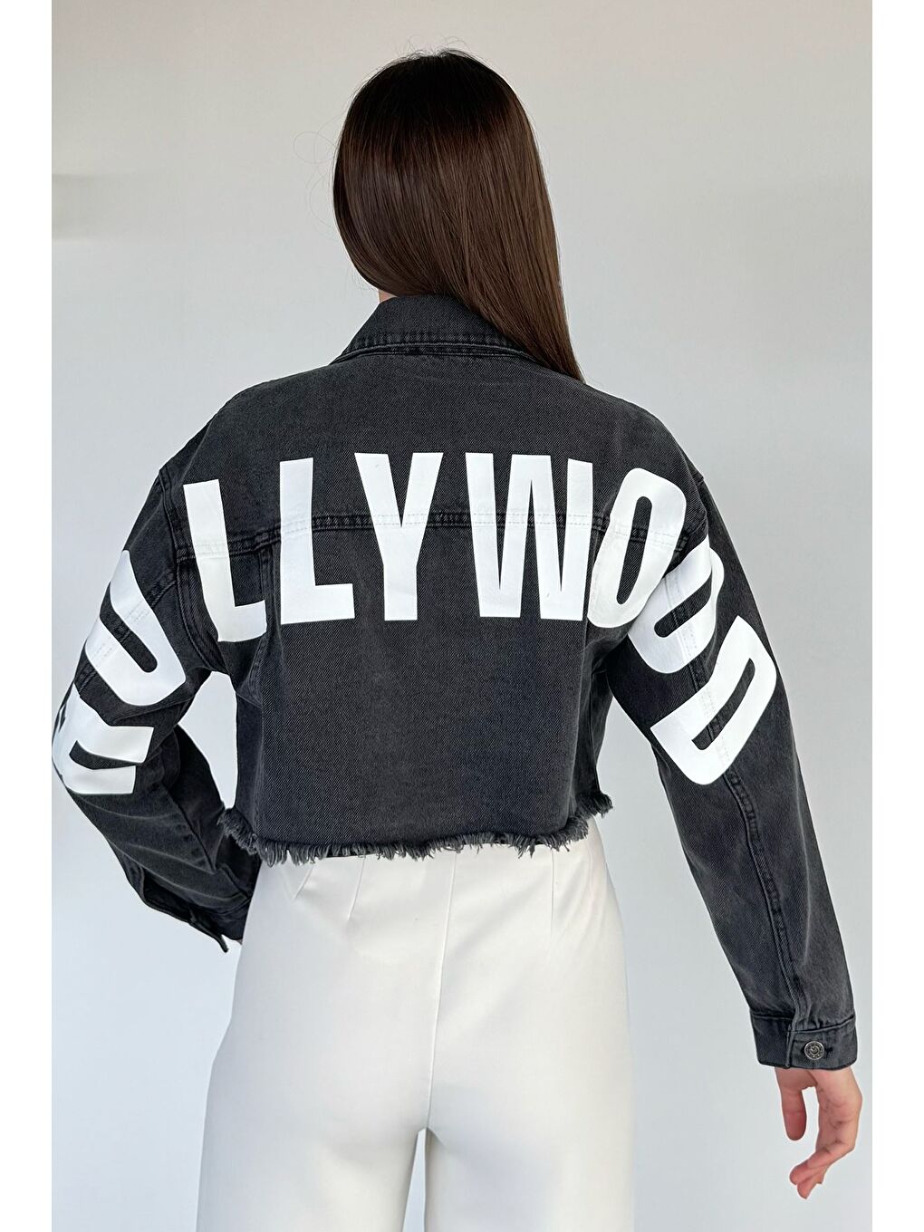 Antrasit Kadın Çift Cepli Sırt Baskı Detaylı Jean Jean Ceket-3