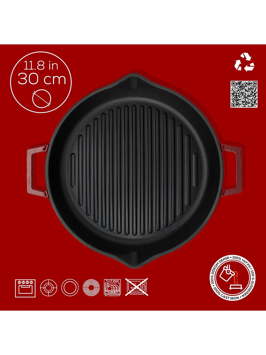 Bordo Yuvarlak Izgara Tavası Döküm Demir Yekpare Çift Kulplu Konkav Taban 15mm. Çap(Ø)30cm.-3