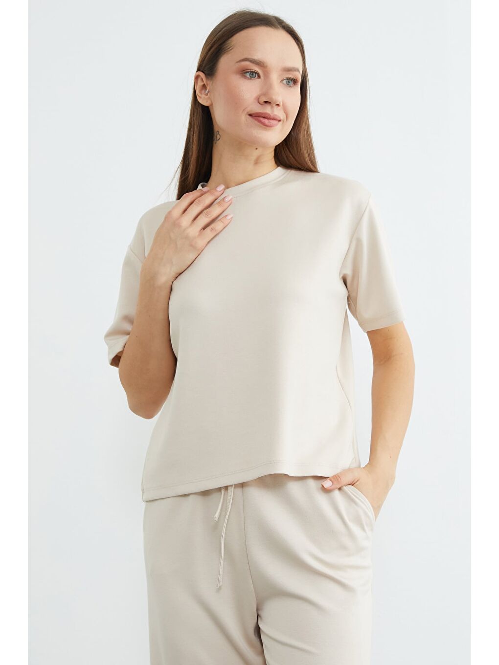 Bej Basic Kısa Kollu Modal 2 Li Takım-3