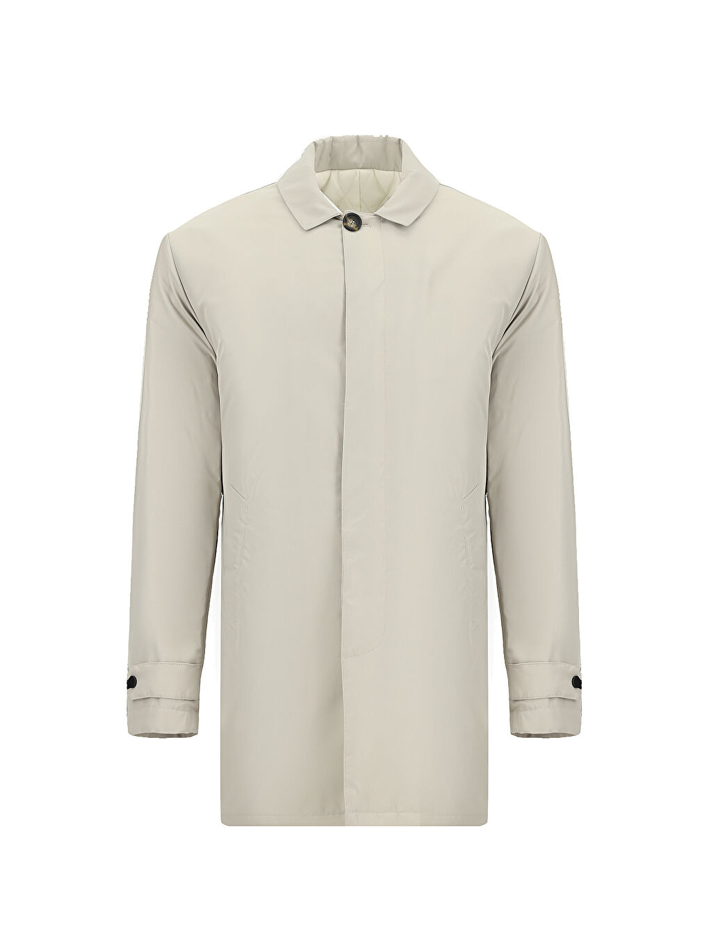 Bej Regular Fit Önü Düğmeli Kapitoneli Düz Pardösü