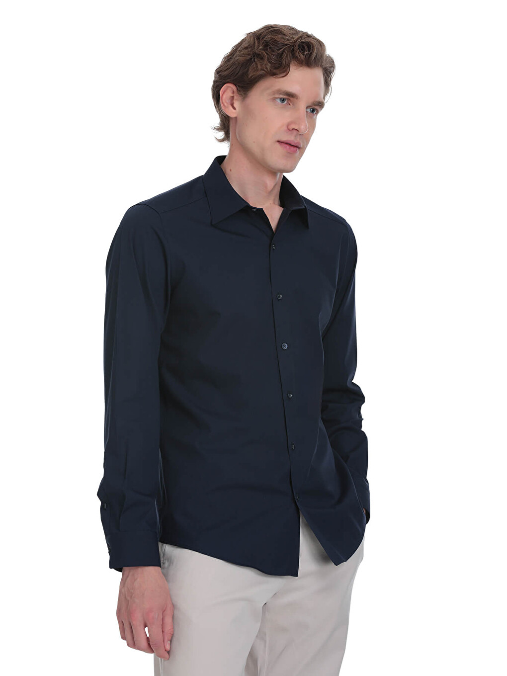 Lacivert Slim Fit Slim Yaka Pamuklu Uzun Kollu Gömlek