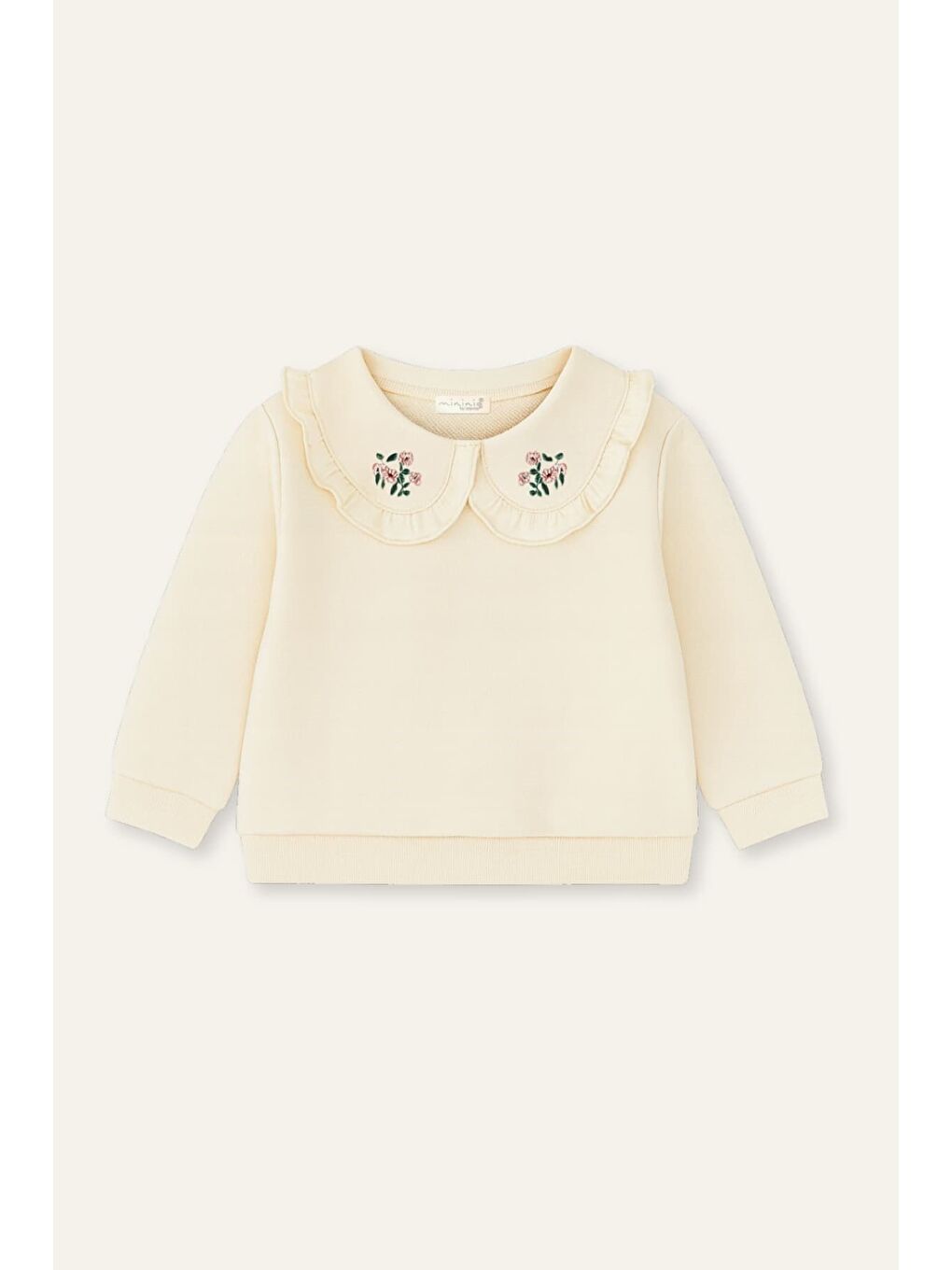 Ekru Kız Bebek Yakası Nakışlı Sweatshirt  - Krem-1