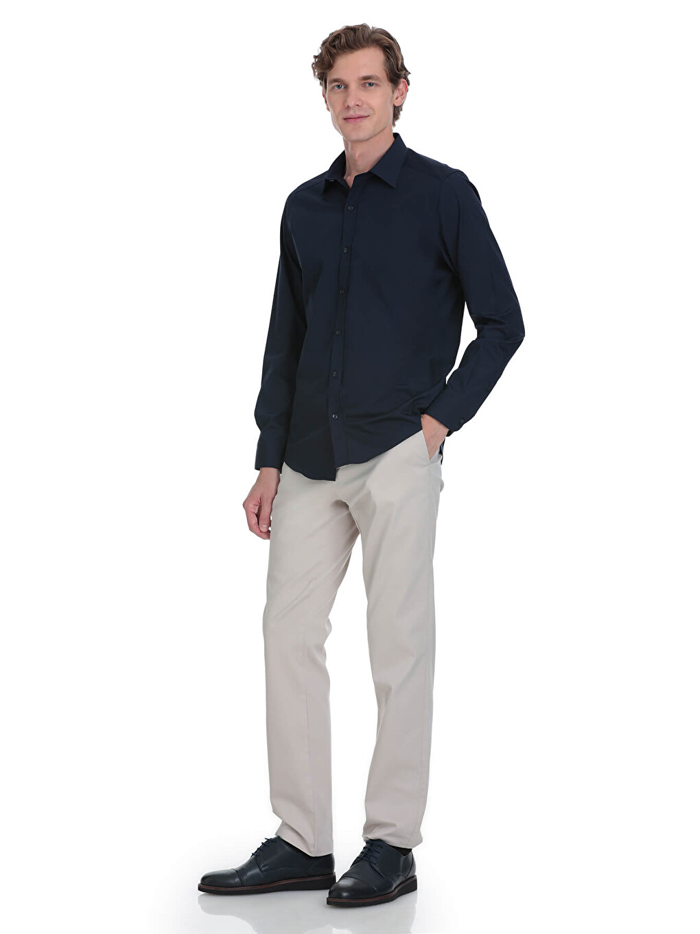 Lacivert Slim Fit Slim Yaka Pamuklu Uzun Kollu Gömlek-1