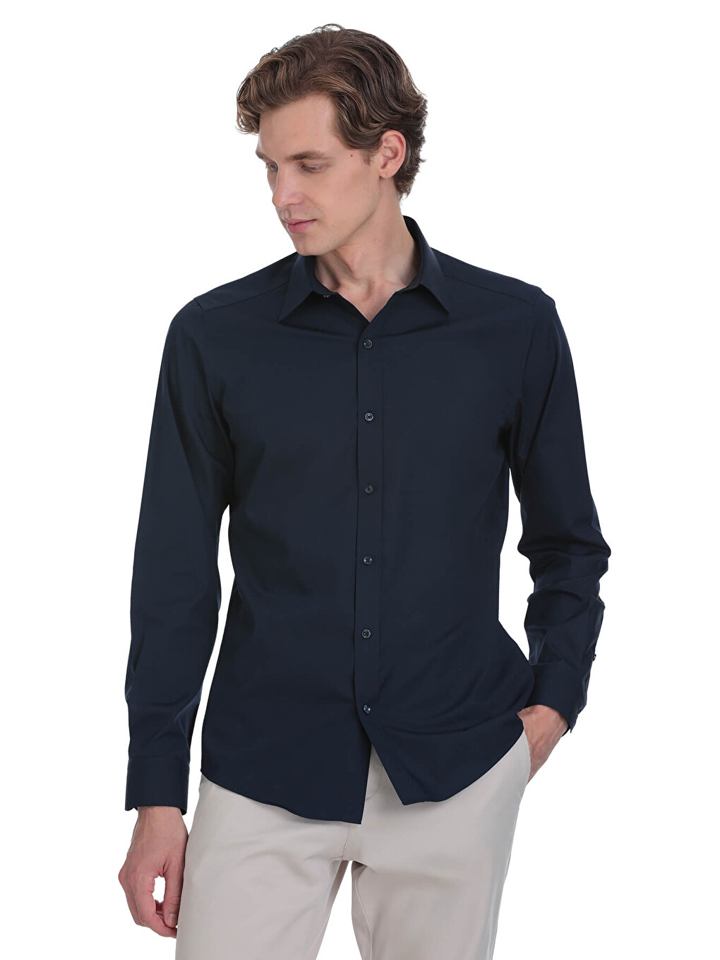 Lacivert Slim Fit Slim Yaka Pamuklu Uzun Kollu Gömlek-2