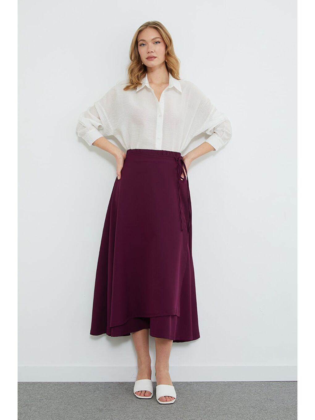Mürdüm Yandan Bağlamalı Katlı Maxi Boy Etek-1
