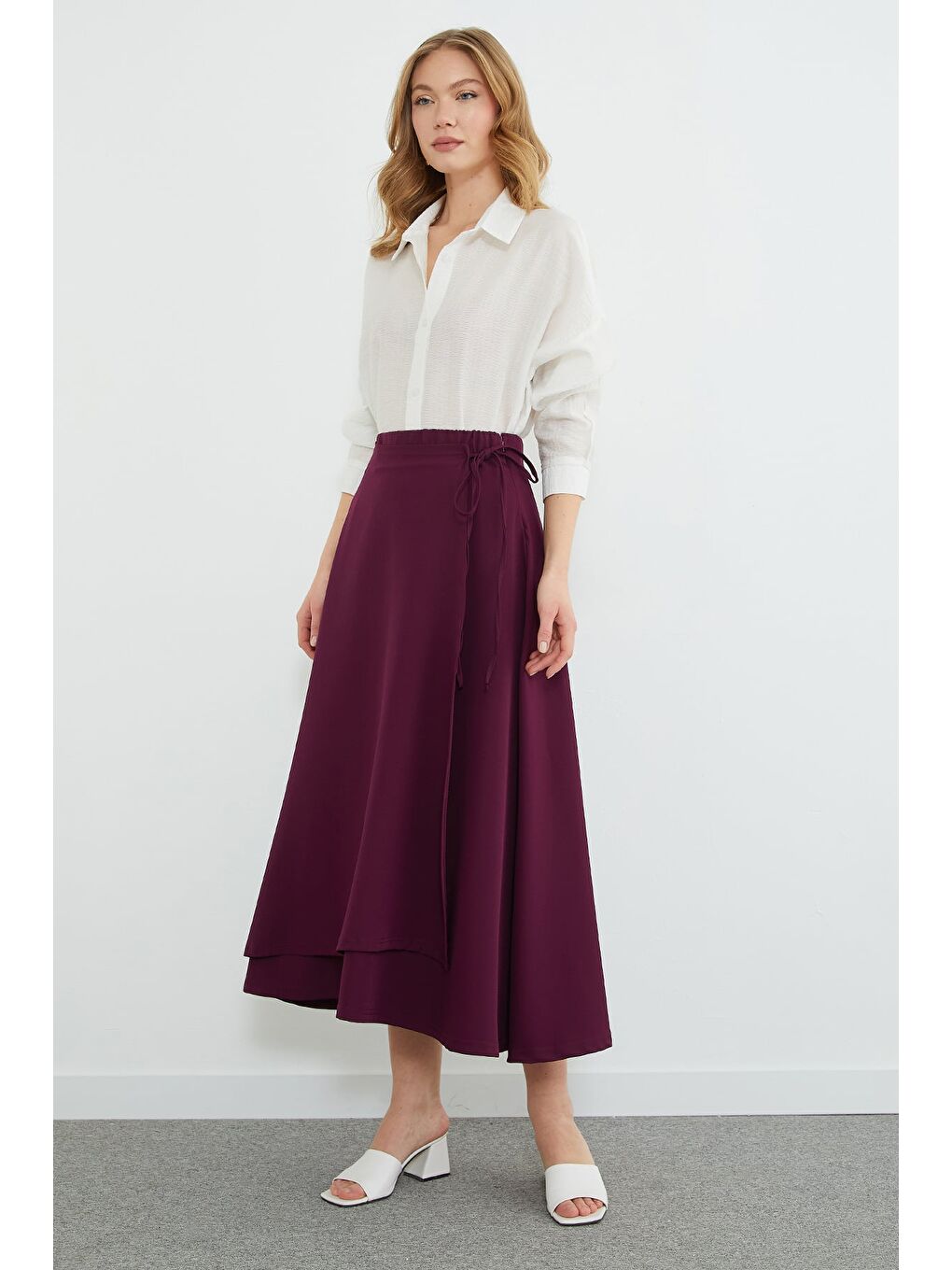 Mürdüm Yandan Bağlamalı Katlı Maxi Boy Etek-2