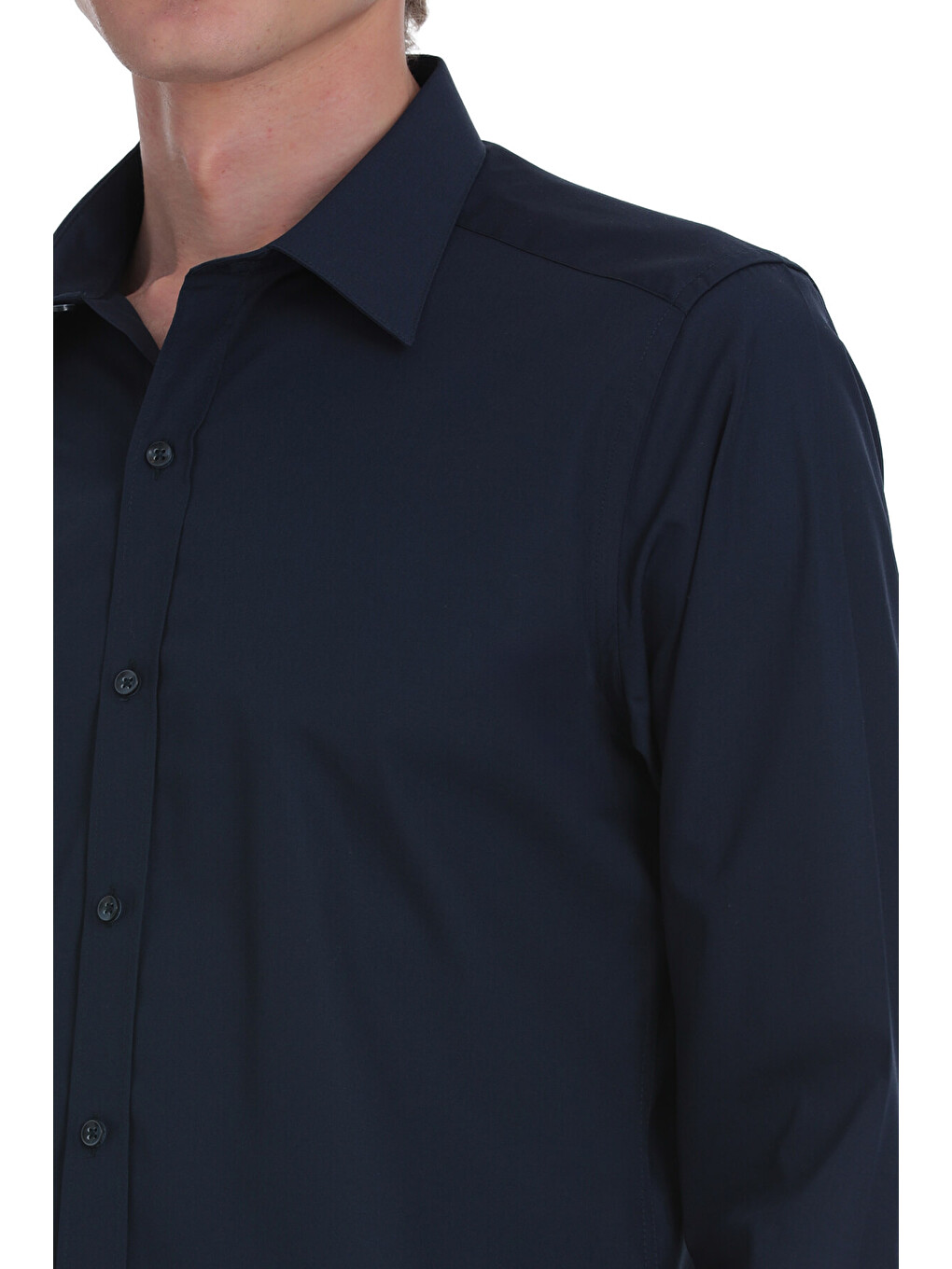 Lacivert Slim Fit Slim Yaka Pamuklu Uzun Kollu Gömlek-3