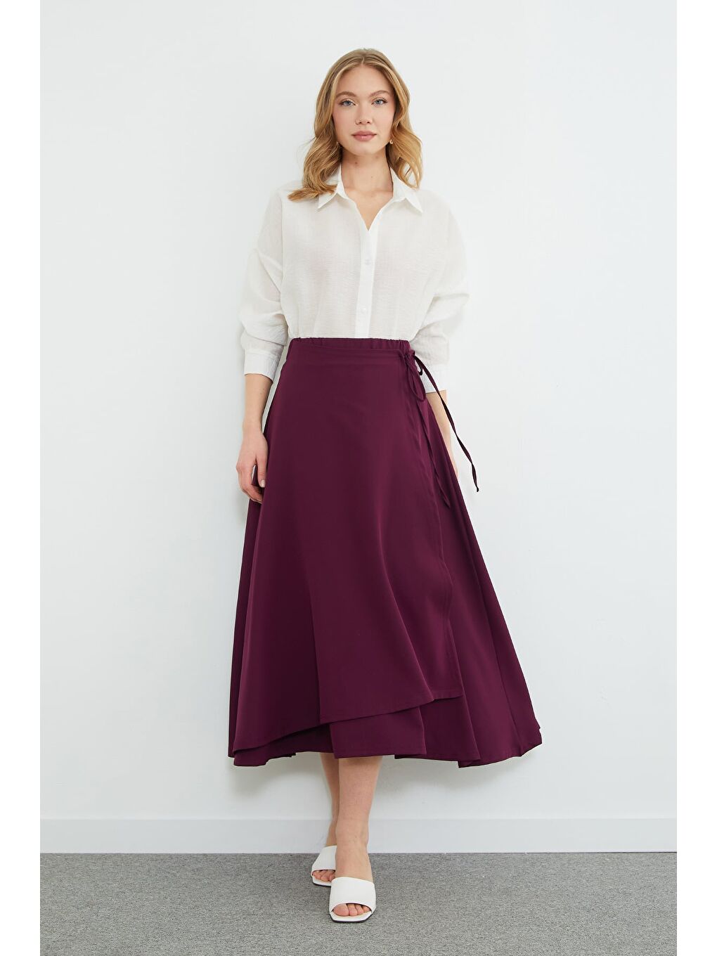 Mürdüm Yandan Bağlamalı Katlı Maxi Boy Etek-3