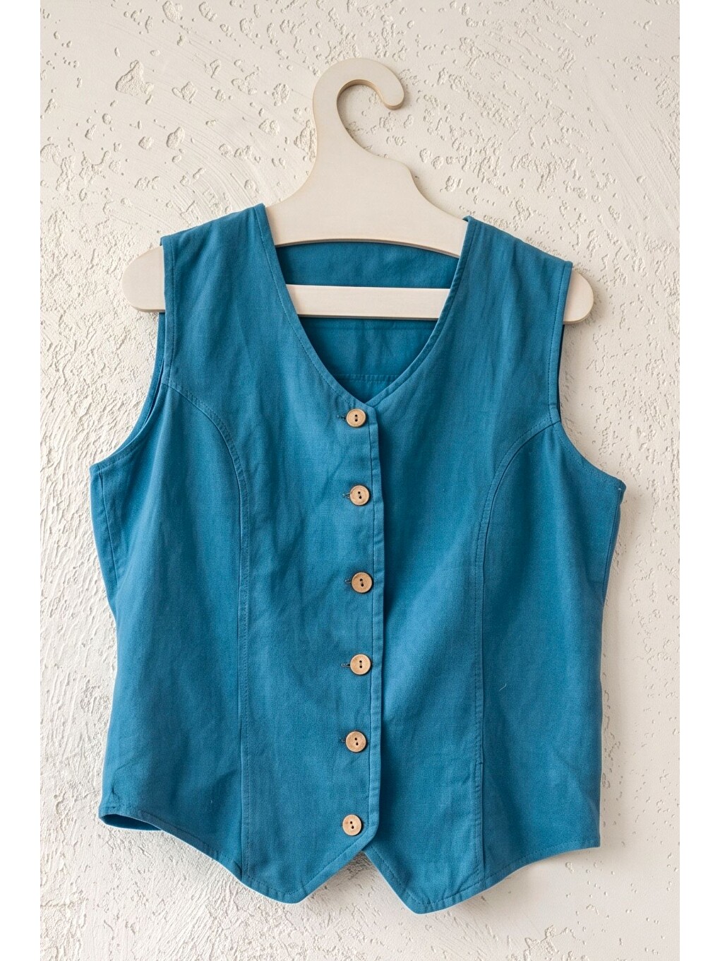 Mavi V Yaka Düğmeli Yıkamalı Kulplu Casual Fitted Dokuma Yelek 55 50-1