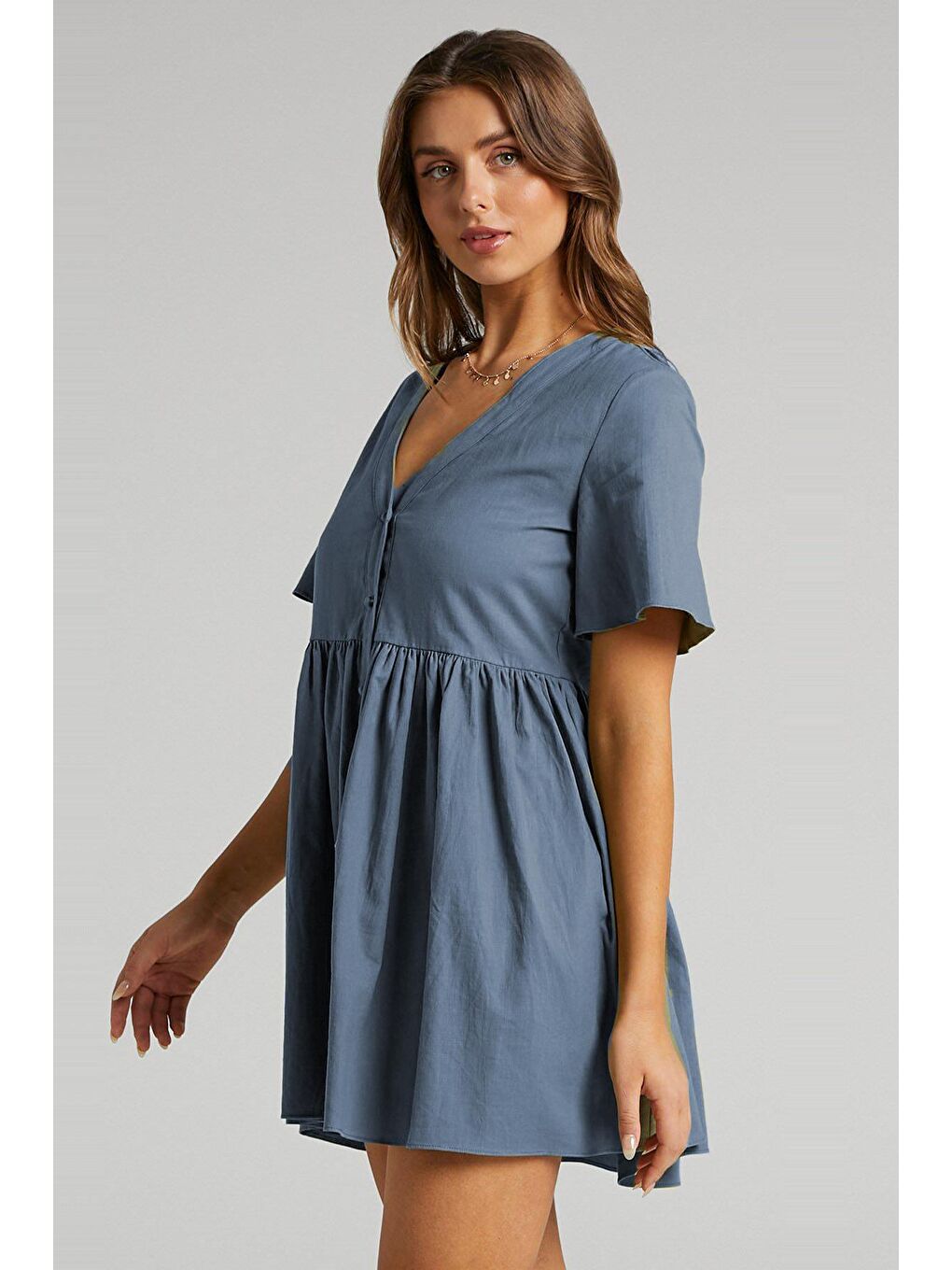 İndigo Düğmeli Mini Elbise Mg1621