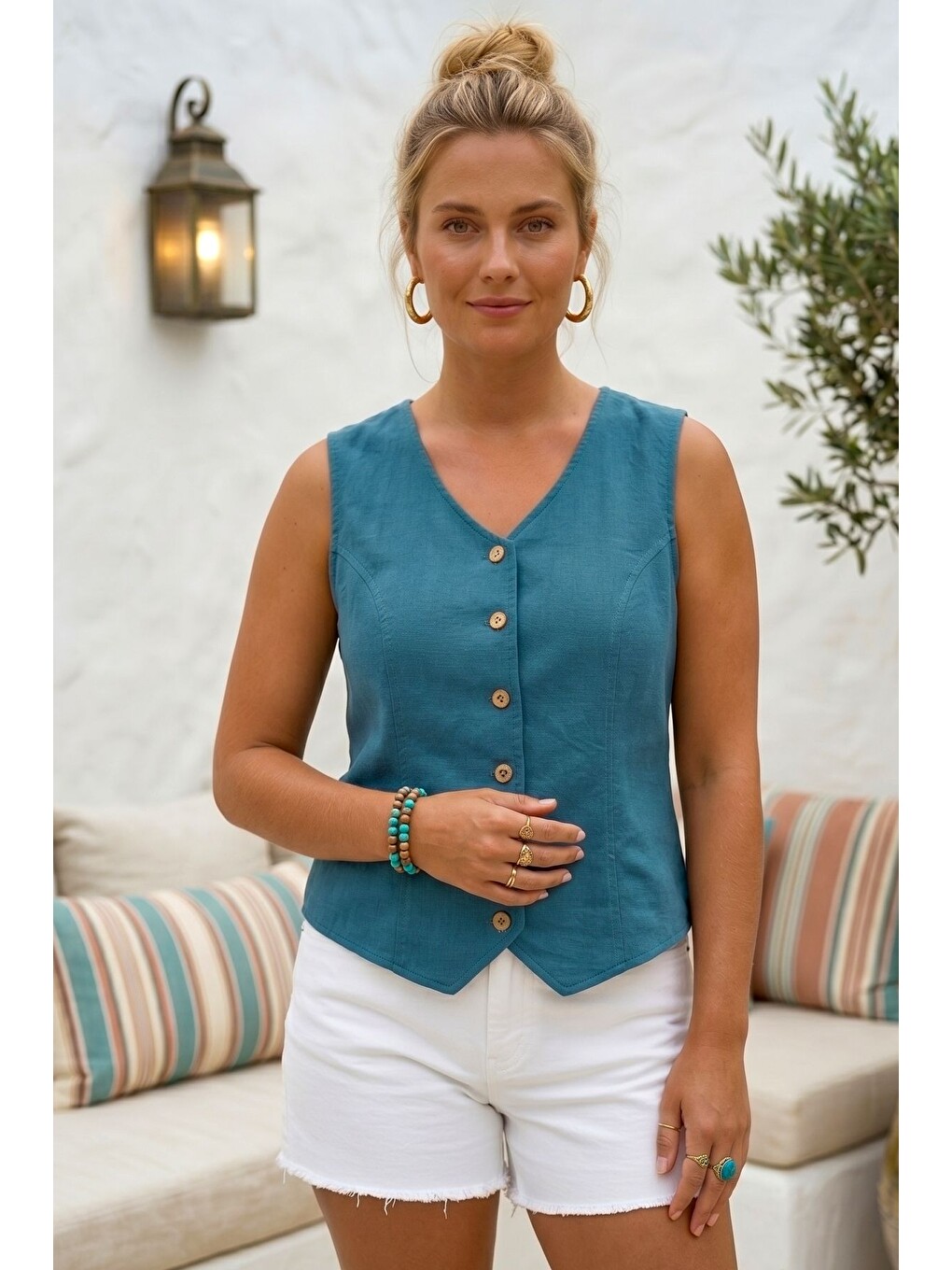 Mavi V Yaka Düğmeli Yıkamalı Kulplu Casual Fitted Dokuma Yelek 55 50-3