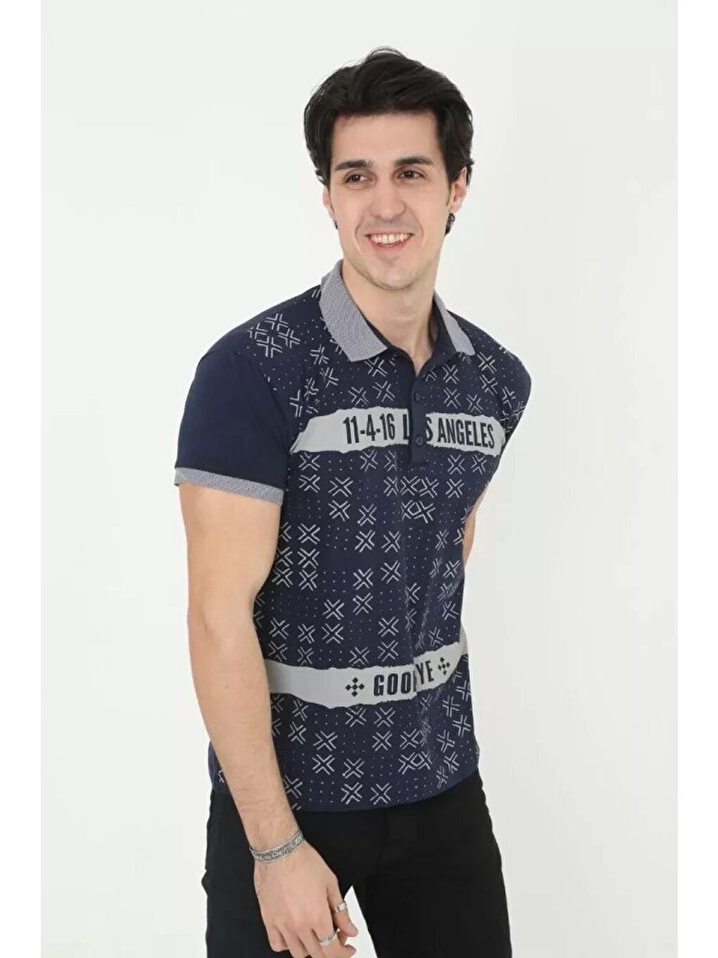 Erkek Yakalı Slim Fit Baskılı T-Shirt - Lacivert-1