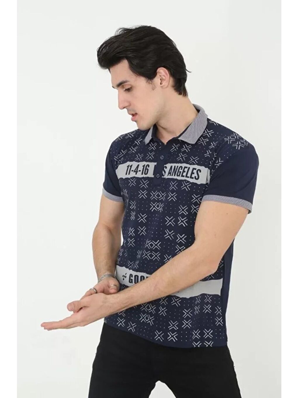 Erkek Yakalı Slim Fit Baskılı T-Shirt - Lacivert-2