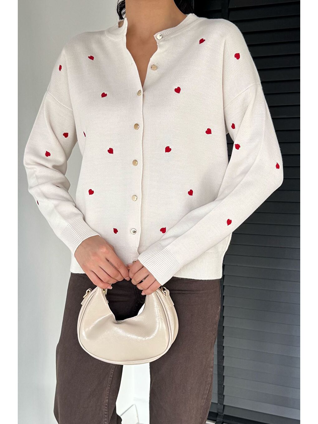 Ekru Kadın Kalp Nakışlı Triko Hırka (s-m-l Uyumludur)-2