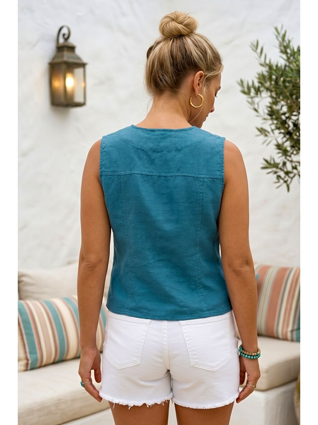 Mavi V Yaka Düğmeli Yıkamalı Kulplu Casual Fitted Dokuma Yelek 55 50-5