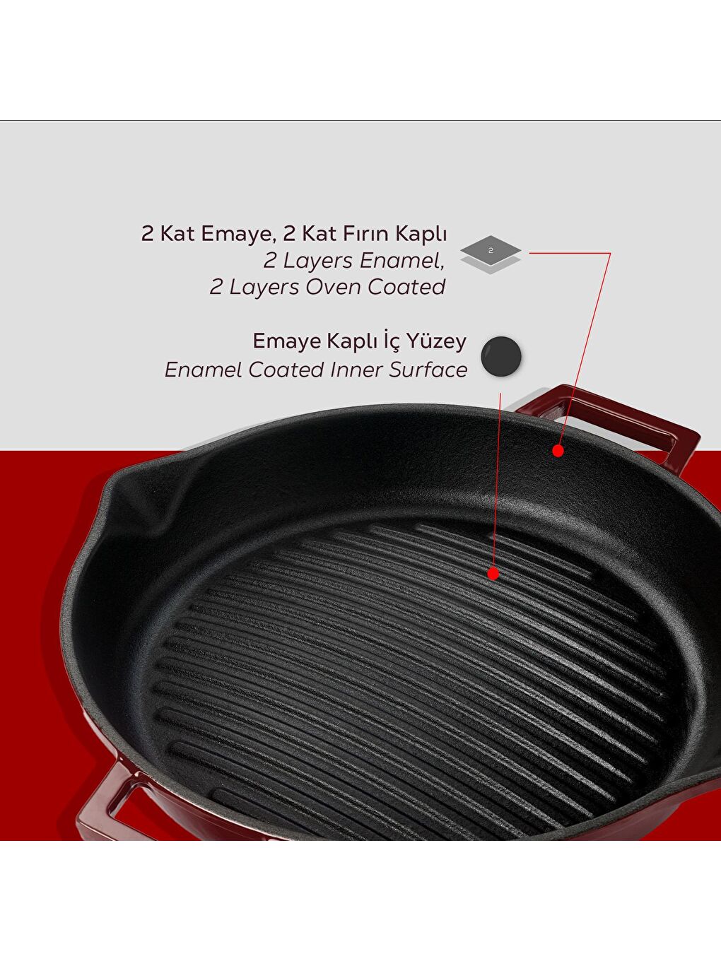 Bordo Yuvarlak Izgara Tavası Döküm Demir Yekpare Çift Kulplu Konkav Taban 15mm. Çap(Ø)30cm.-5