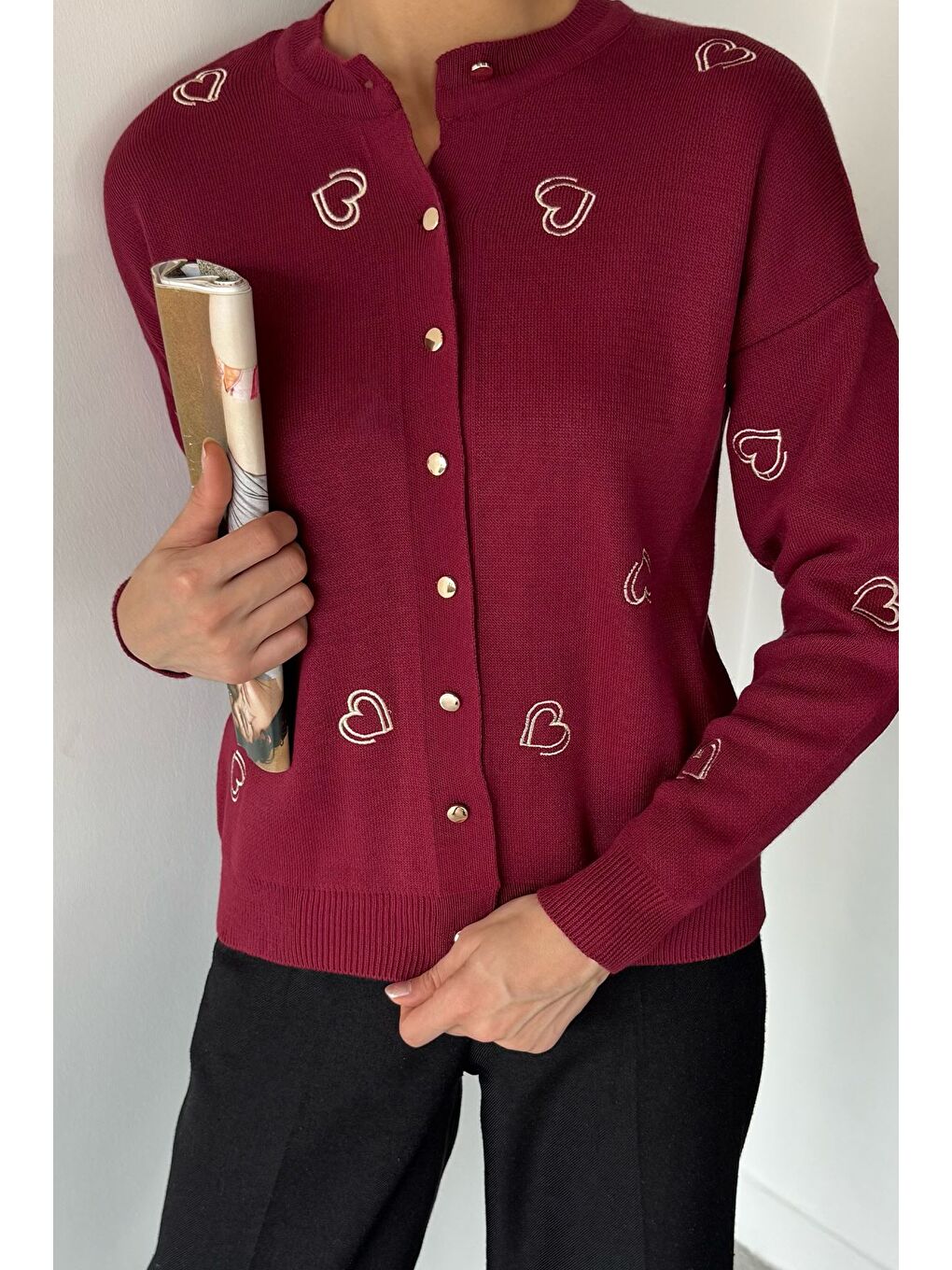 Bordo Kalp Nakışlı Kadın Triko Hırka (s-m-l Uyumludur)-1