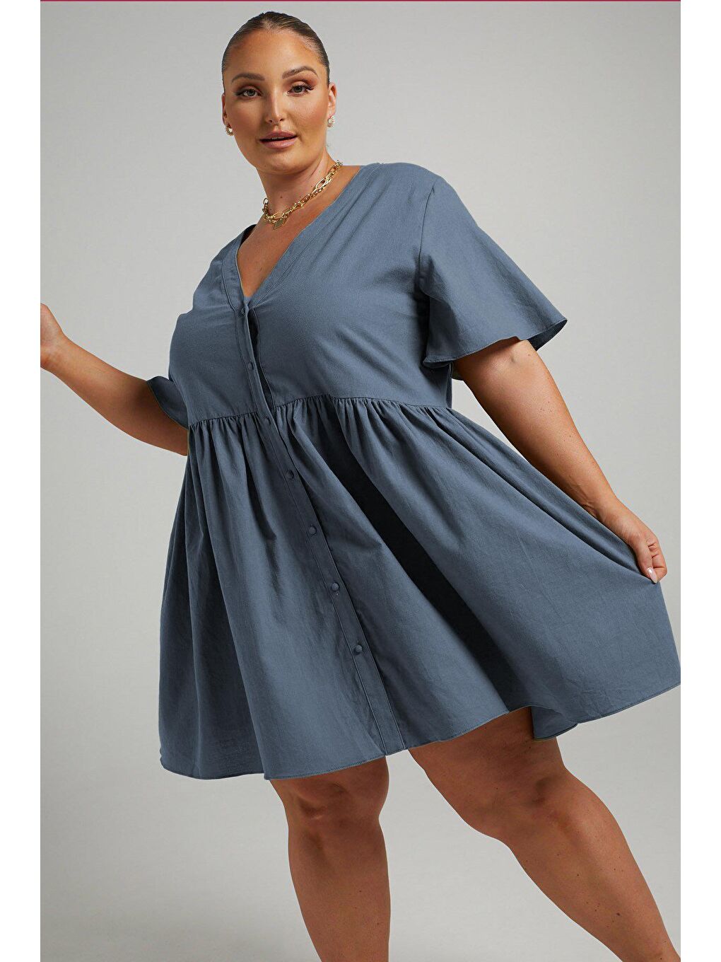 İndigo Düğmeli Mini Elbise Mg1621-1