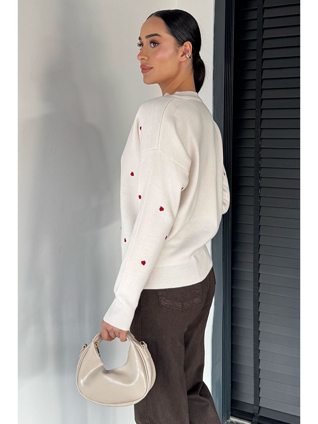 Ekru Kadın Kalp Nakışlı Triko Hırka (s-m-l Uyumludur)-3