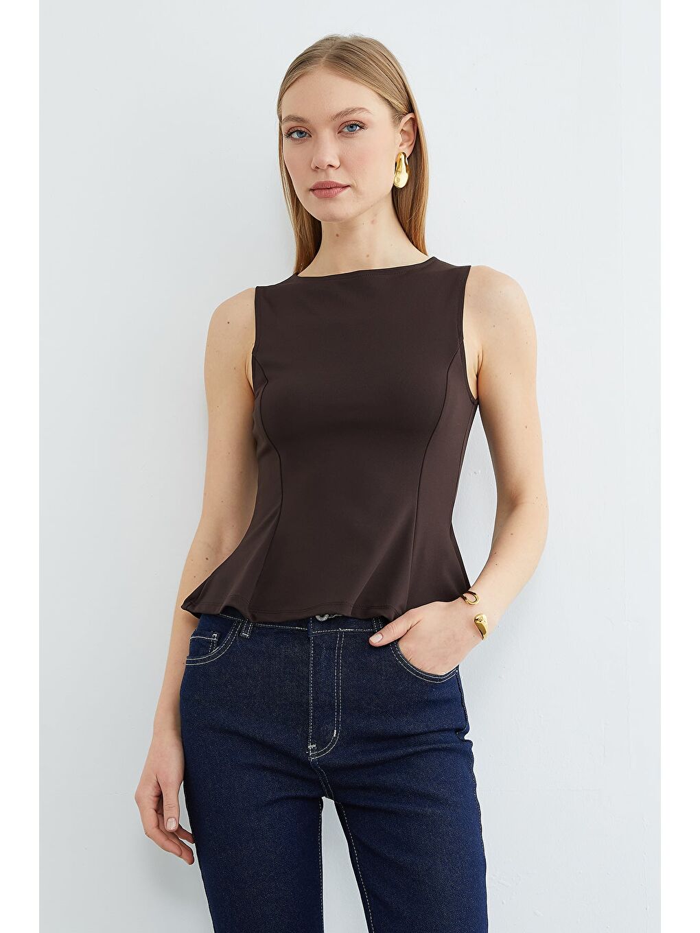 Kahverengi Bisiklet Yaka Peplum Bluz