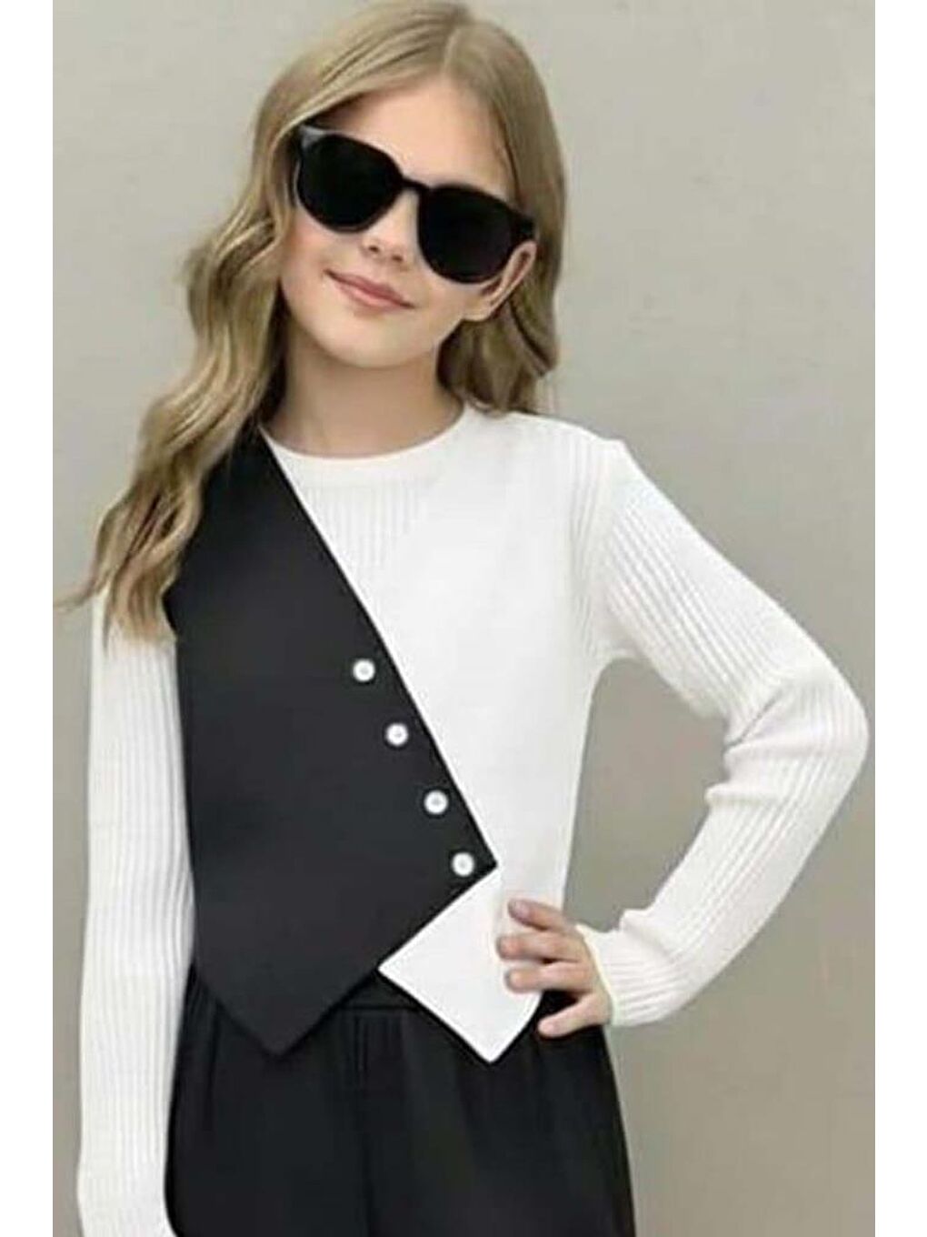 Kız Çocuk Çift Renk Badili Yelek Palazzo Pantolon Siyah Alt Üst Takım-1