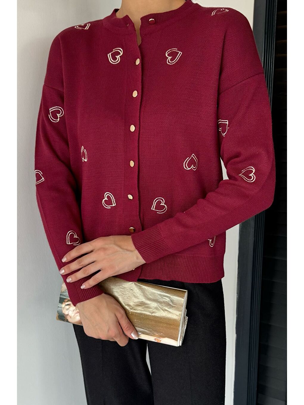 Bordo Kalp Nakışlı Kadın Triko Hırka (s-m-l Uyumludur)-2