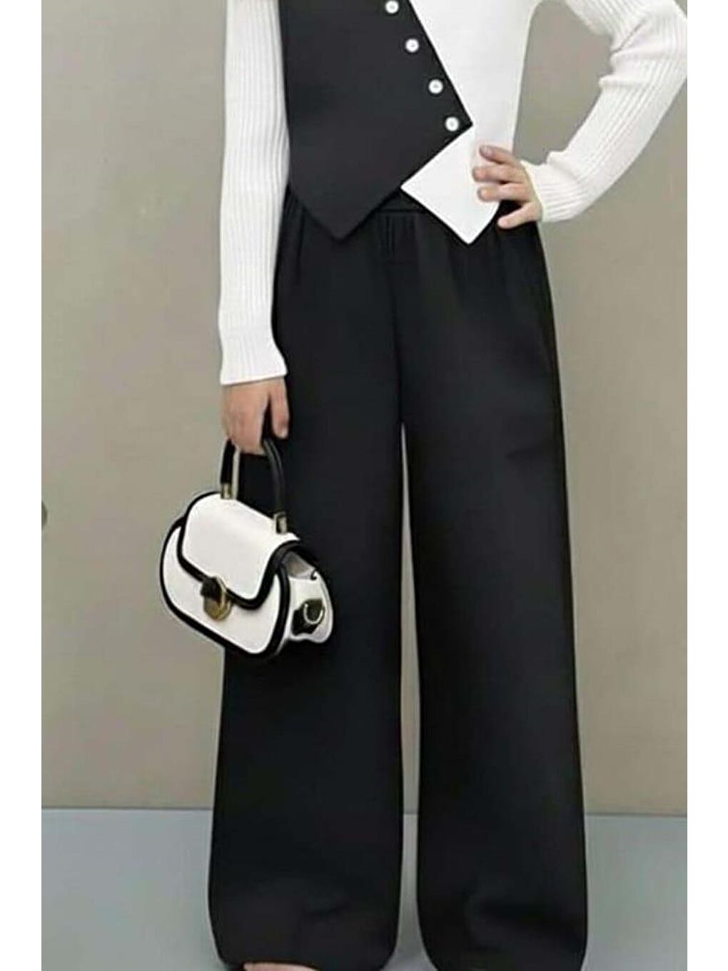 Kız Çocuk Çift Renk Badili Yelek Palazzo Pantolon Siyah Alt Üst Takım-2